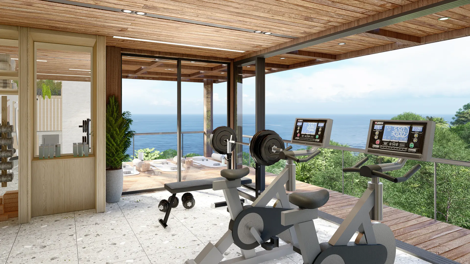 A rendering of the Clubhouse's fitness center, equipped with stationary bikes and a yoga area. The glass walls offer views of the tropical landscape and the ocean.