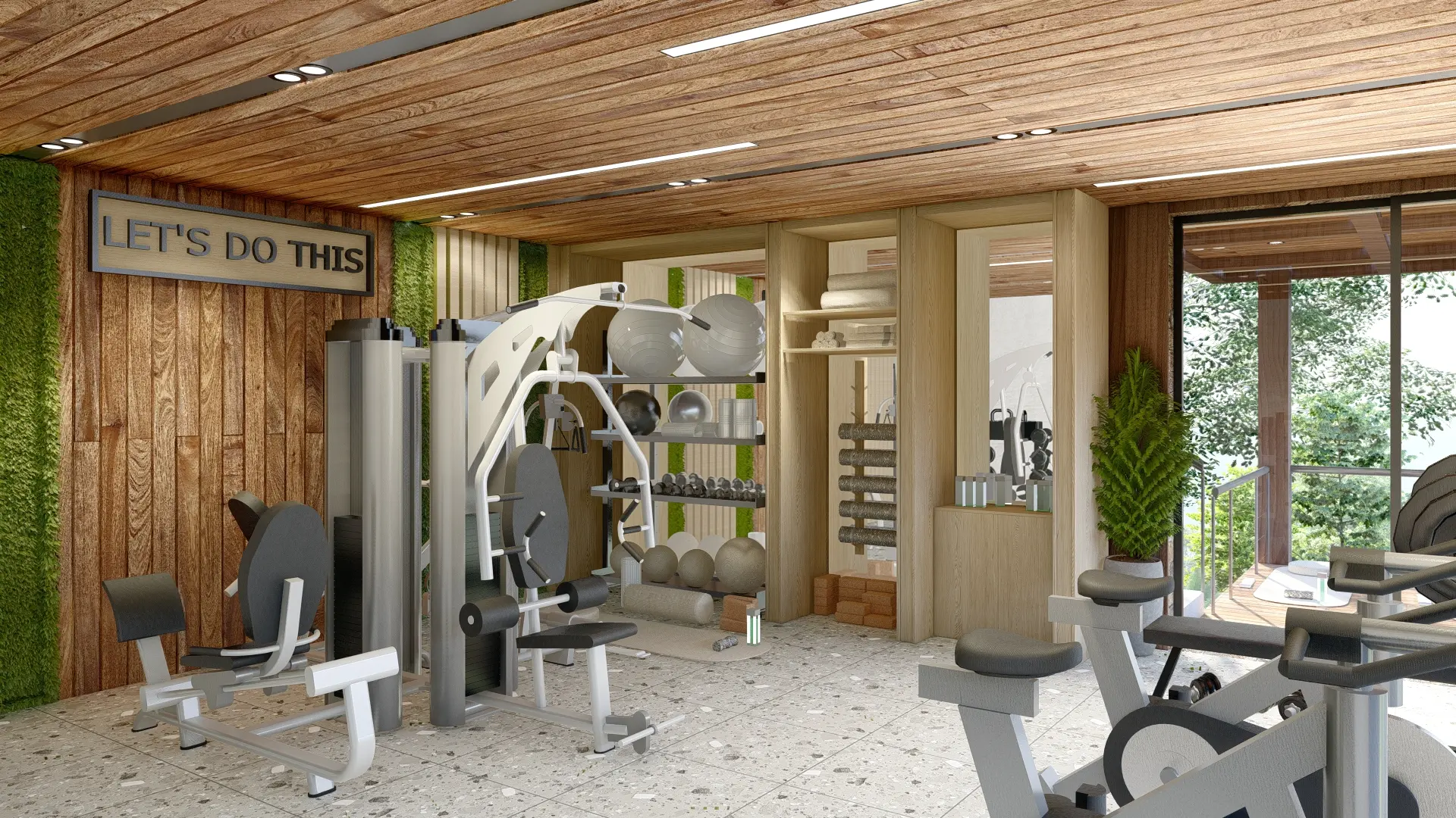 3D rendering of the Clubhouse gym, with a wooden ceiling, plants on the walls, and equipment equipped with exercise machines and accessories such as weights, balls, and mats.