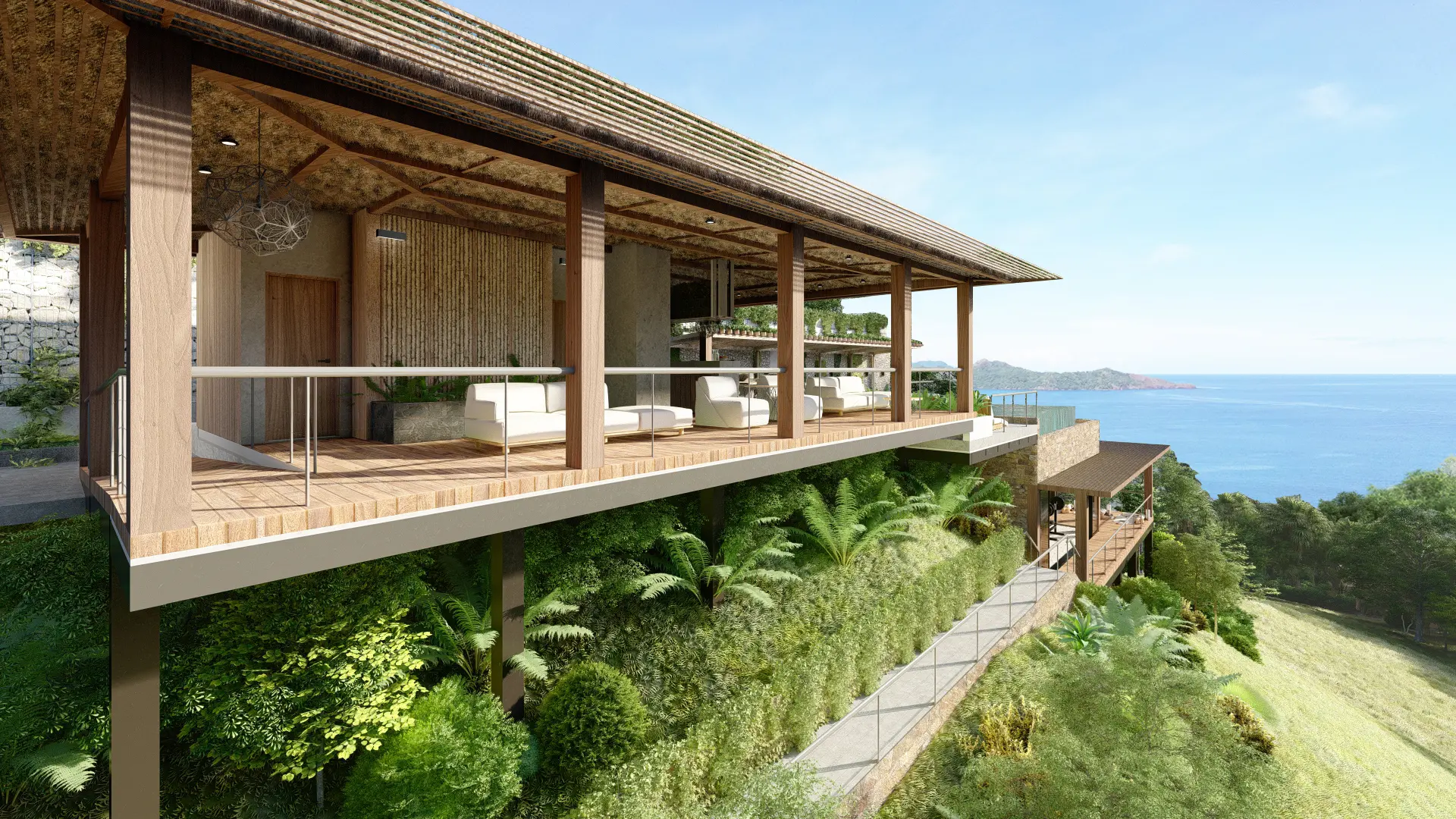 3D rendering of an aerial view of the modern Clubhouse, surrounded by tropical vegetation and overlooking the ocean. The two-story building features spacious wooden decks, thatched roofs, and outdoor areas with elegant furnishings.