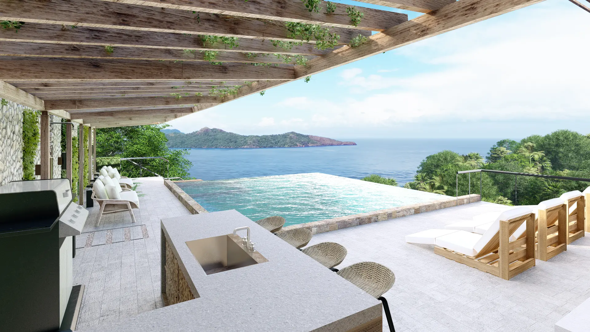 Rendering of the Clubhouse's outdoor grilling area, featuring a sink, a stone wall, high stools, surrounded by vegetation, various chairs scattered about, and a panoramic view of the ocean.