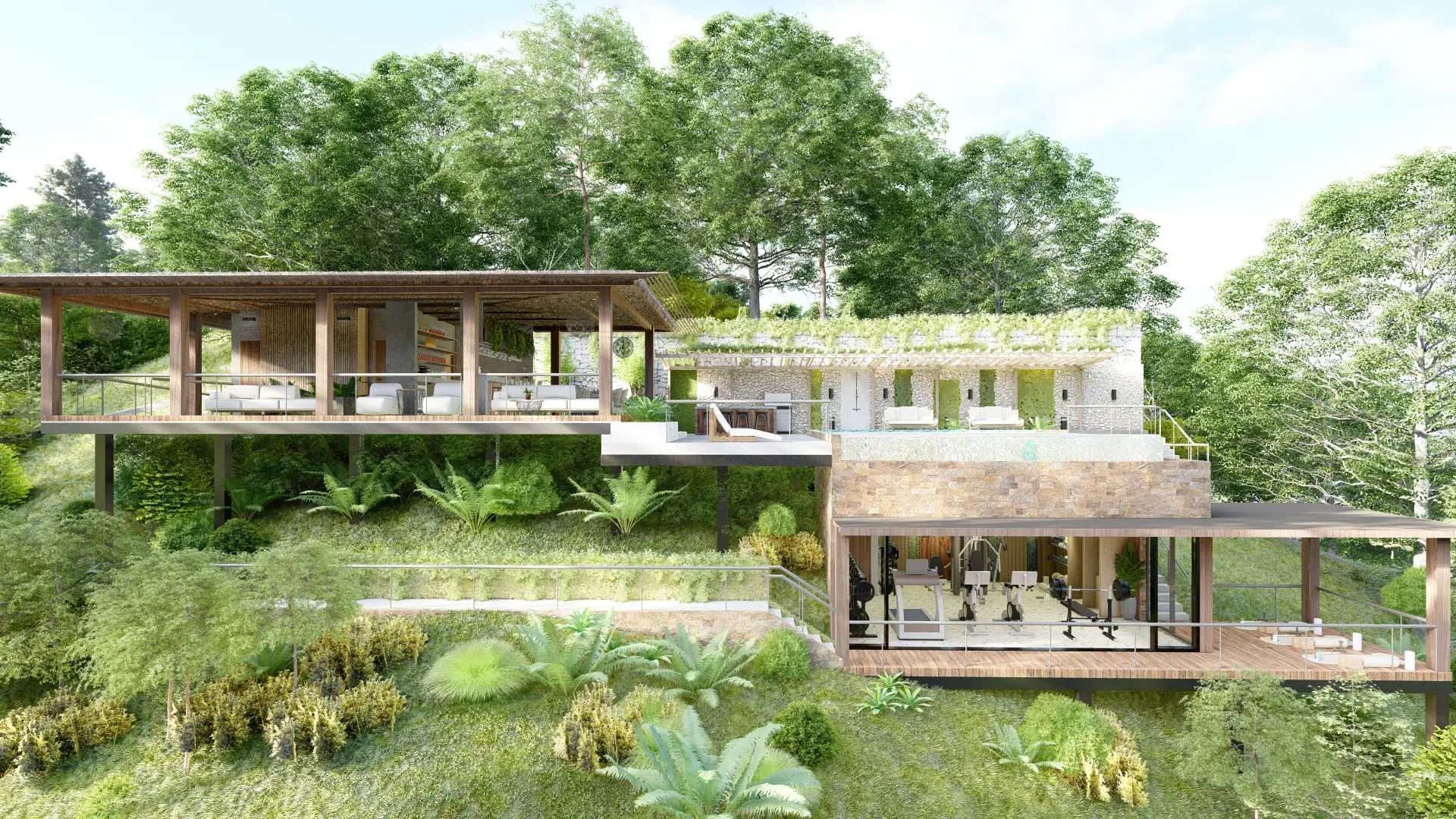 Rendering of the two-story Clubhouse built on a hillside covered in lush vegetation. The house features spacious terraces with glass railings, outdoor areas with white furniture, and a design that integrates natural elements such as hanging plants.
