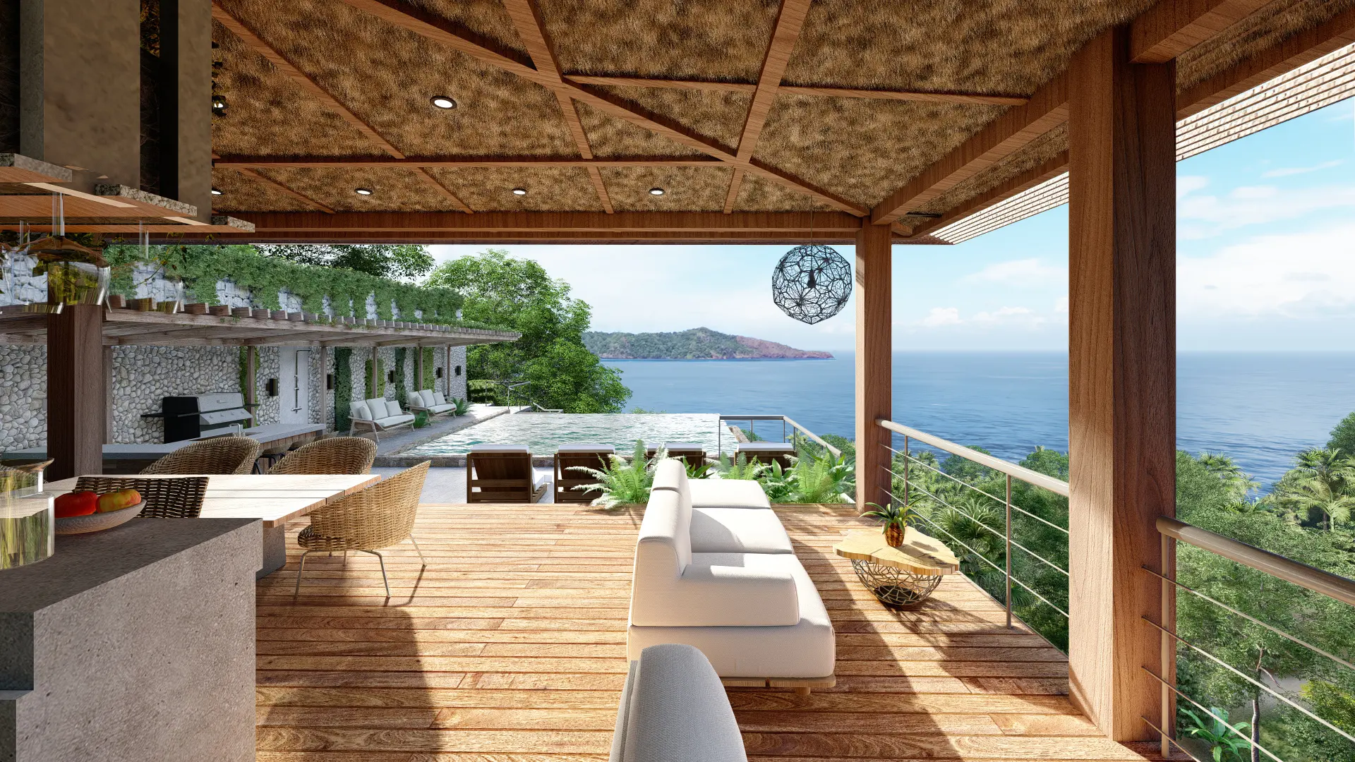 Interior rendering of the Clubhouse restaurant, featuring a wooden table and cushioned chairs, decorated with rustic elements such as wooden beams, tropical plants, and ocean views.