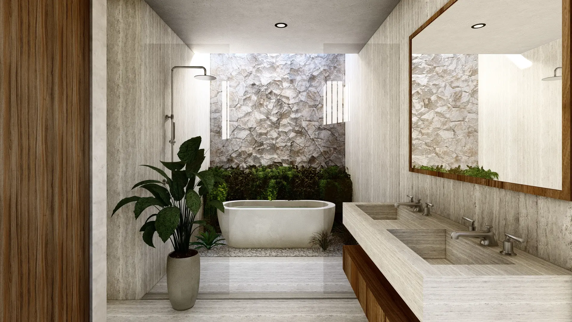 Rendering of the interior of Model House's elegant bathroom, featuring stone and wood walls, a modern double sink, a large wood-framed mirror, and a freestanding bathtub. A glass-enclosed shower with a rainfall showerhead is visible, along with potted plants providing a touch of greenery.
