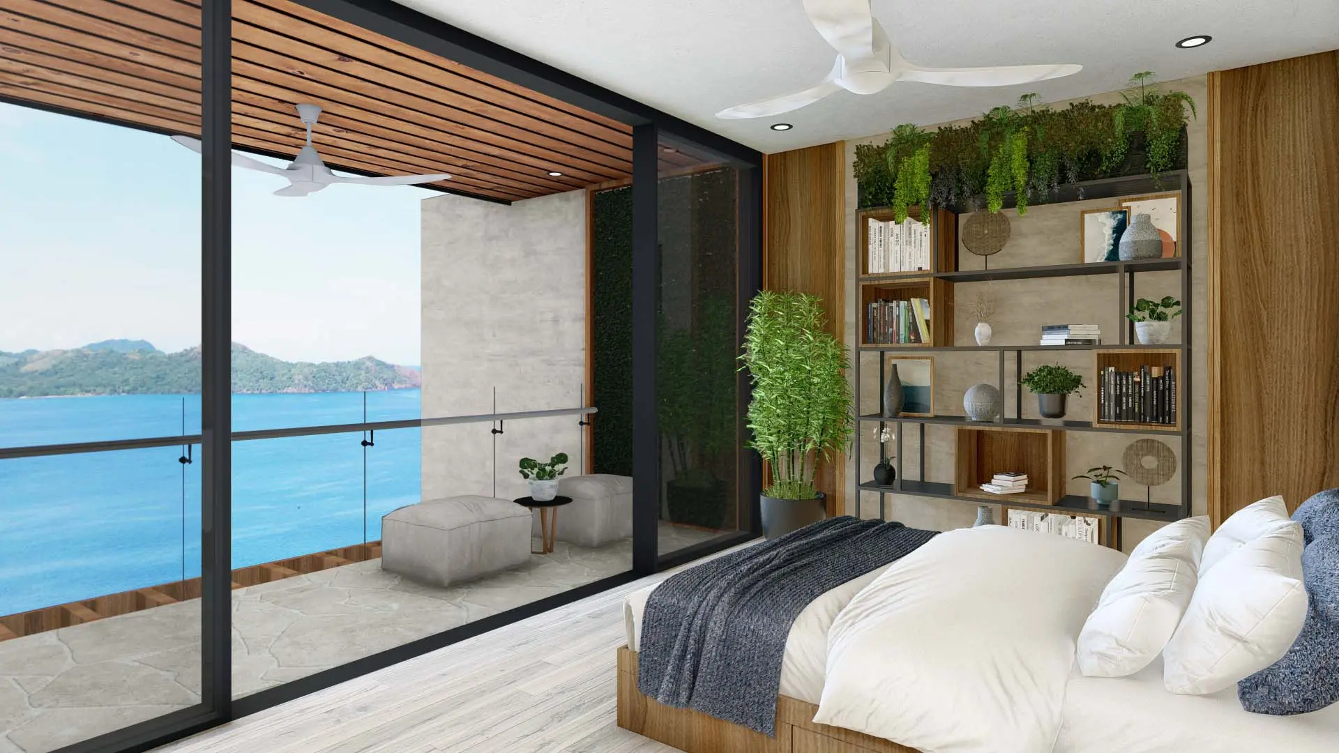 Rendering of the modern and cozy bedroom in the Model House with decorative shelving, a large bed, and a balcony with panoramic ocean views.