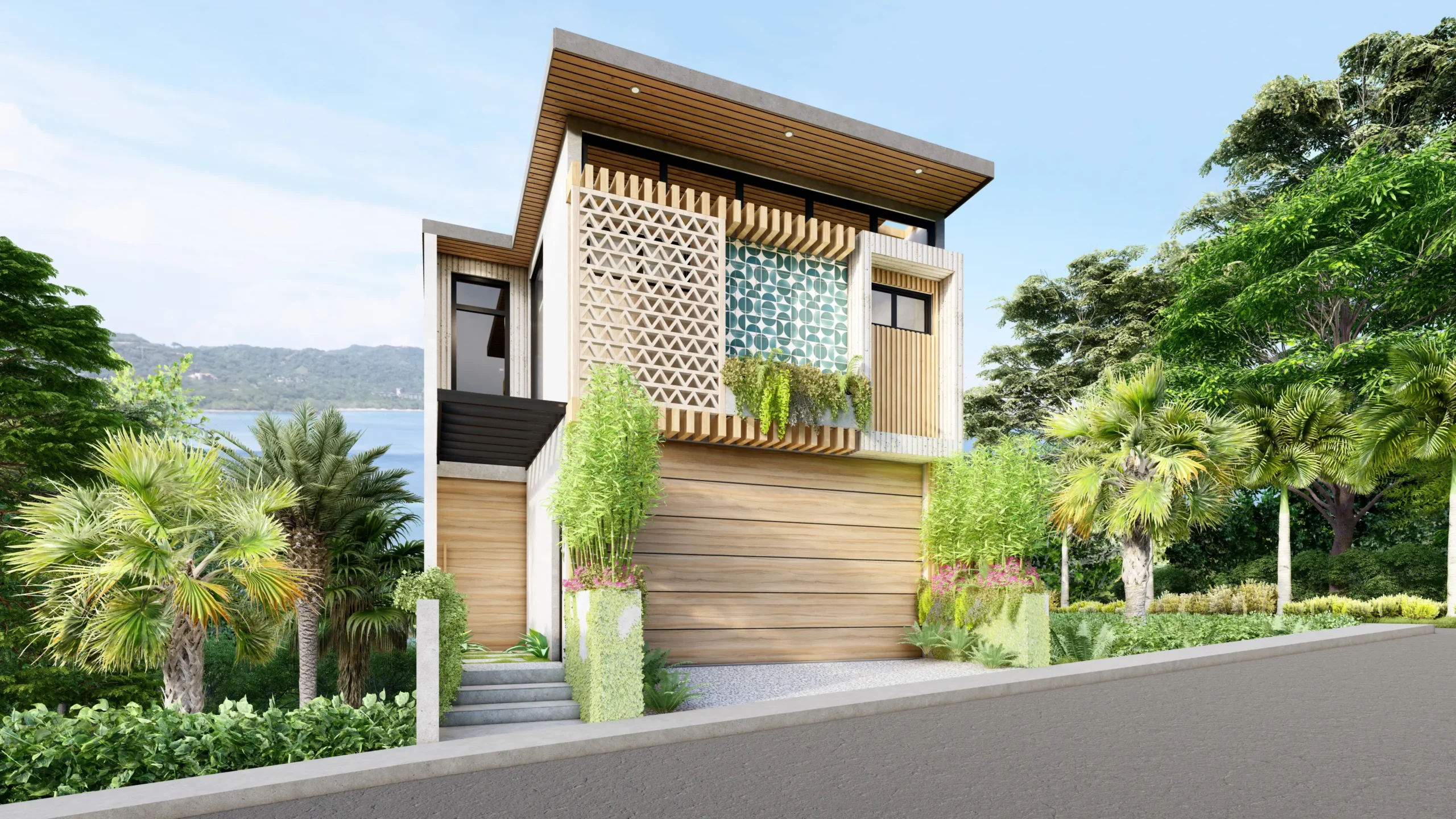 Rendering of the front view of Model House, a two-story building with a wood and stone facade, a garage with a wooden door, and planters along the entrance. The design includes large windows and decorative wooden elements.