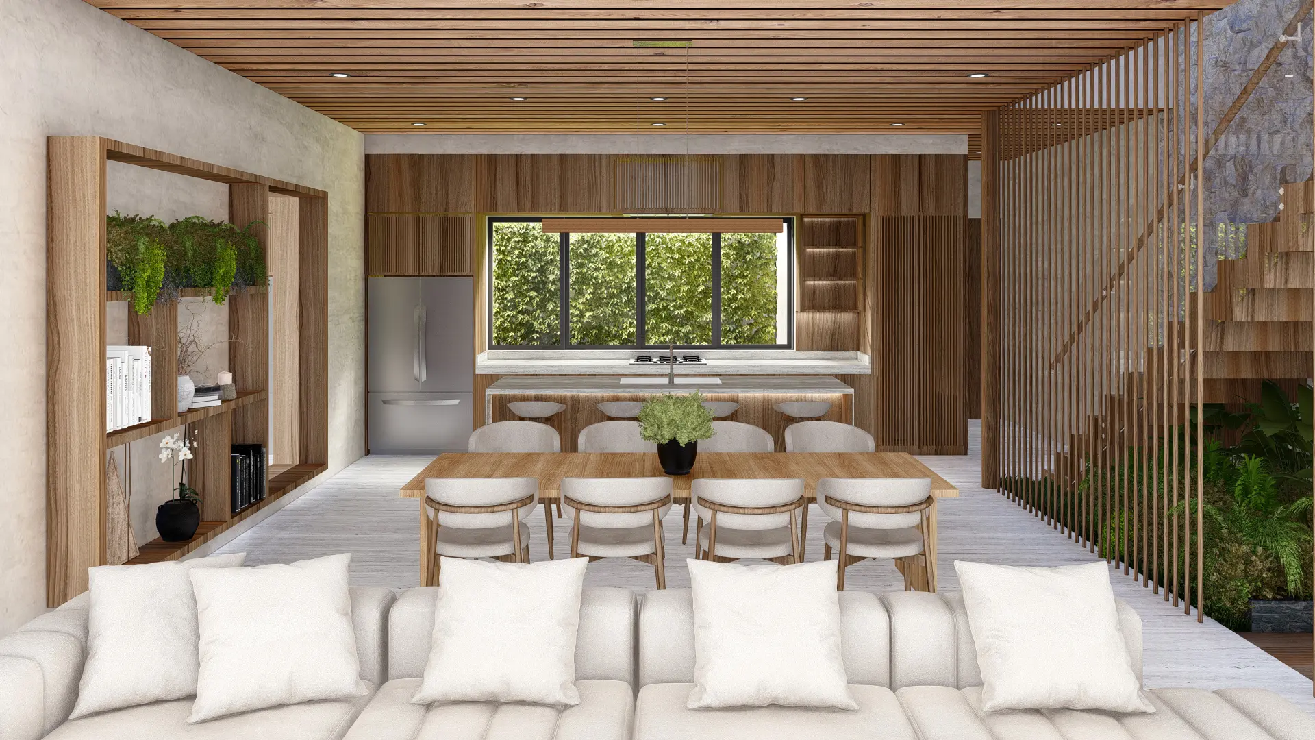 Rendering of the spacious dining room with a white sofa from Model House, a wooden dining table with chairs, and an open kitchen with stone countertops and wooden cabinets. The room has a wooden ceiling with ceiling fans, stone walls, and large windows.