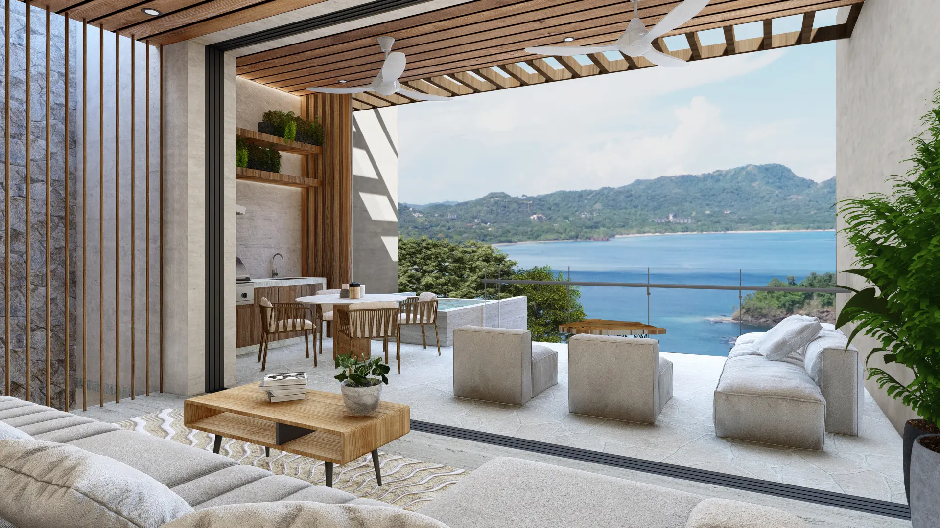 3D rendering of the open-plan living room of Model House overlooking the sea, featuring a comfortable white sofa, a wooden coffee table with plants, and a dining area with wicker chairs. The space features a wooden ceiling with ceiling fans, glass railings, and lush vegetation surrounding it.