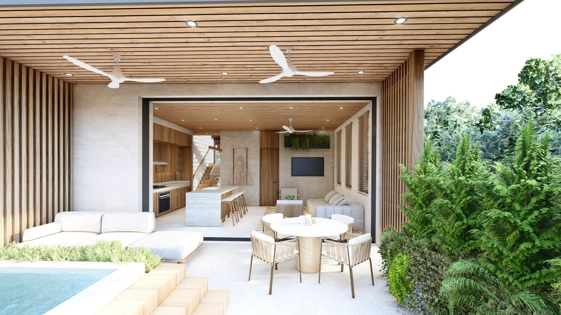 Rendering of Corner House's backyard, featuring a pool, an open kitchen with stone countertops and wooden stools, and a living area with a sofa and dining table. The space features a wooden ceiling with ceiling fans, stone walls, and is surrounded by greenery.
