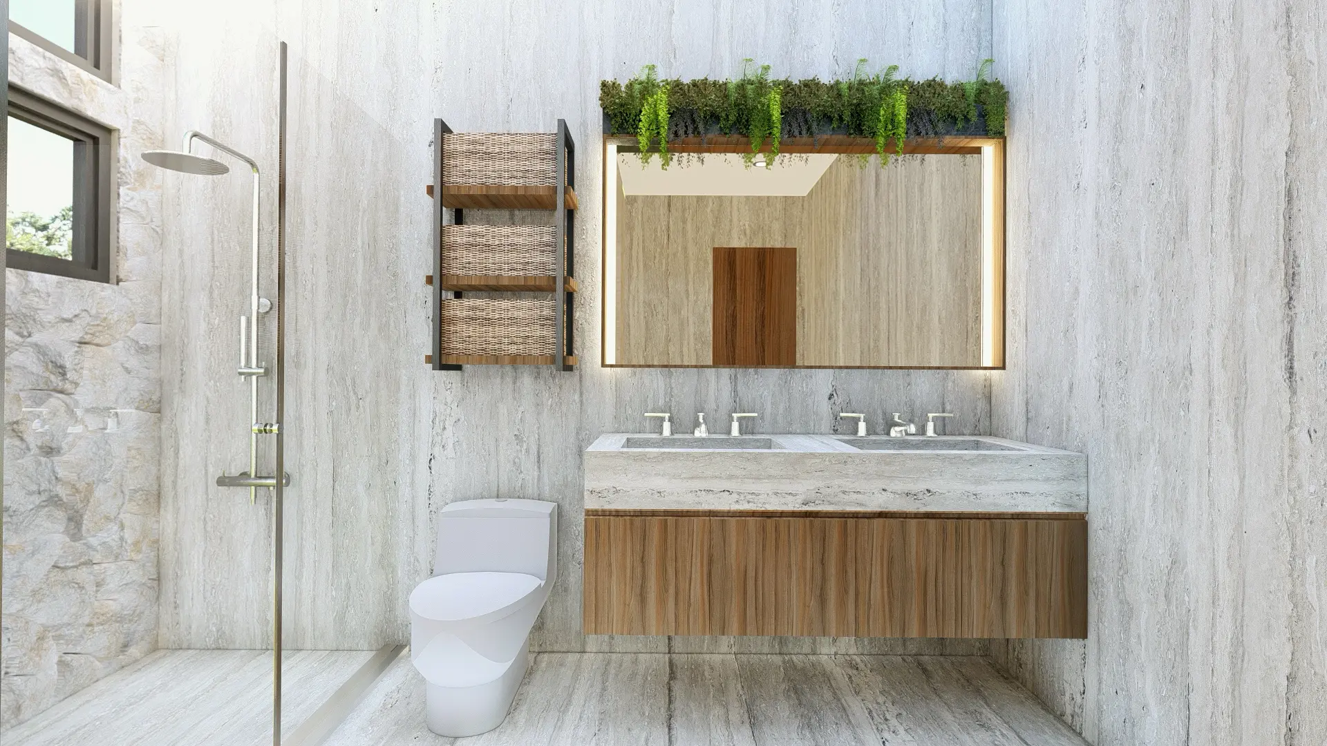 Rendering of the contemporary bathroom in Corner House with natural stone walls, a floating wooden sink, an illuminated mirror with overhead planters, and a glass shower with chrome faucets.