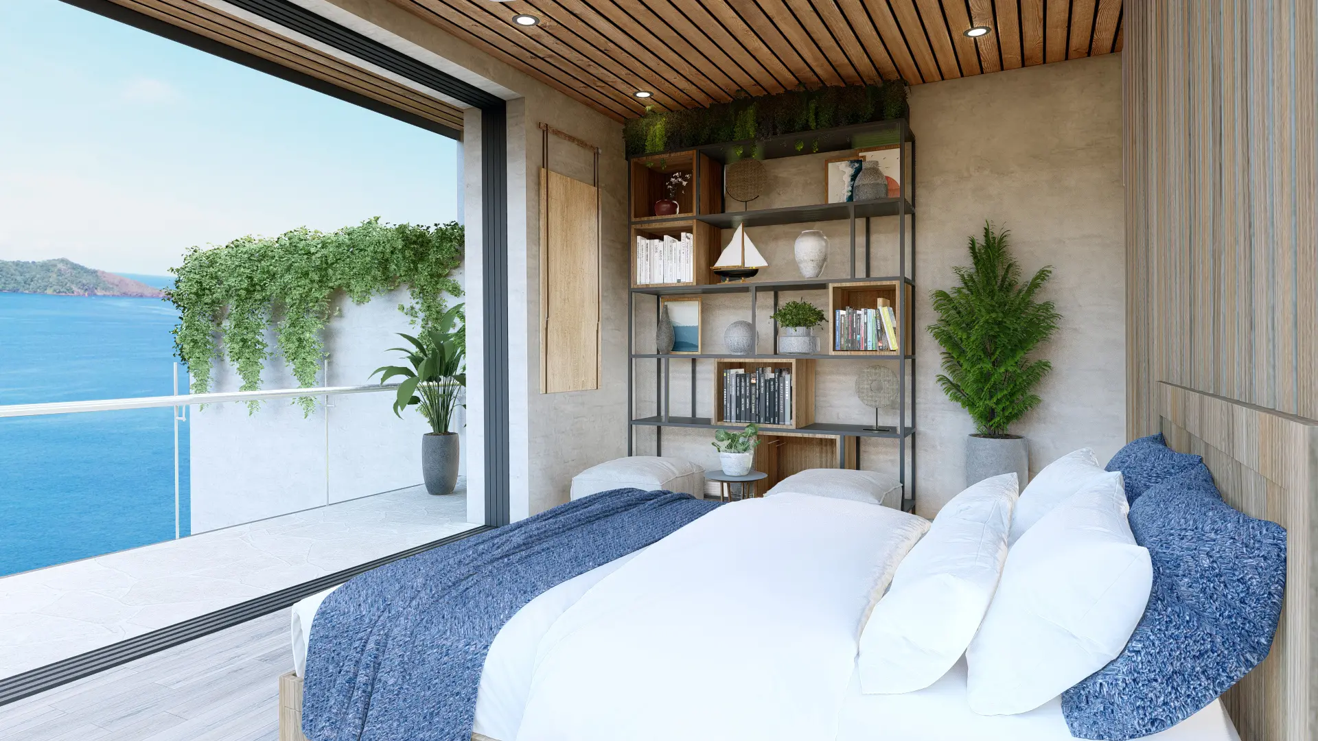 3D rendering of the bedroom in Corner House, featuring a king-size bed, a wooden shelving unit with plants and decor, and large windows offering views of the ocean and mountains. The room has a wooden ceiling and an adjacent terrace.