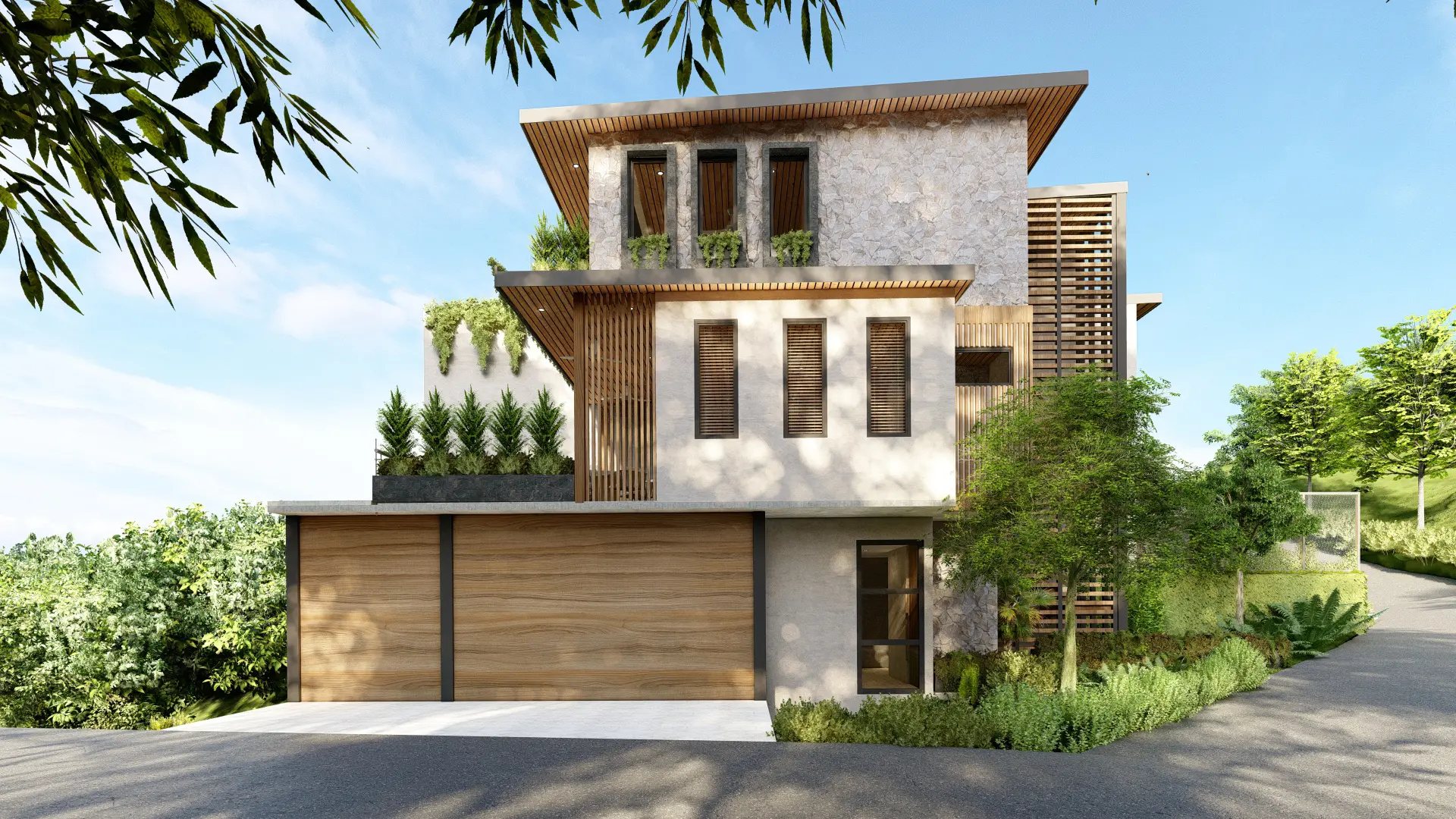 Rendering of the front view of Corner House, a two-story building with a wood and stone facade, including a garage with a wooden door and flower pots on the balcony. The design includes large windows and decorative wooden elements.