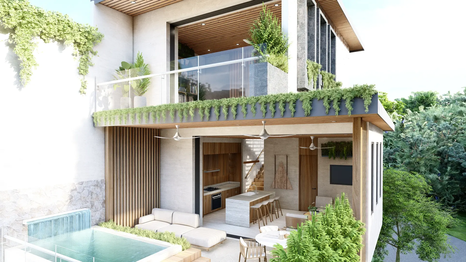 3D rendering of the rear view of the modern two-story Corner House with a pool on the lower terrace and a waterfall flowing into it. The upper terrace has white furniture and hanging plants, while the structure combines wood and stone.