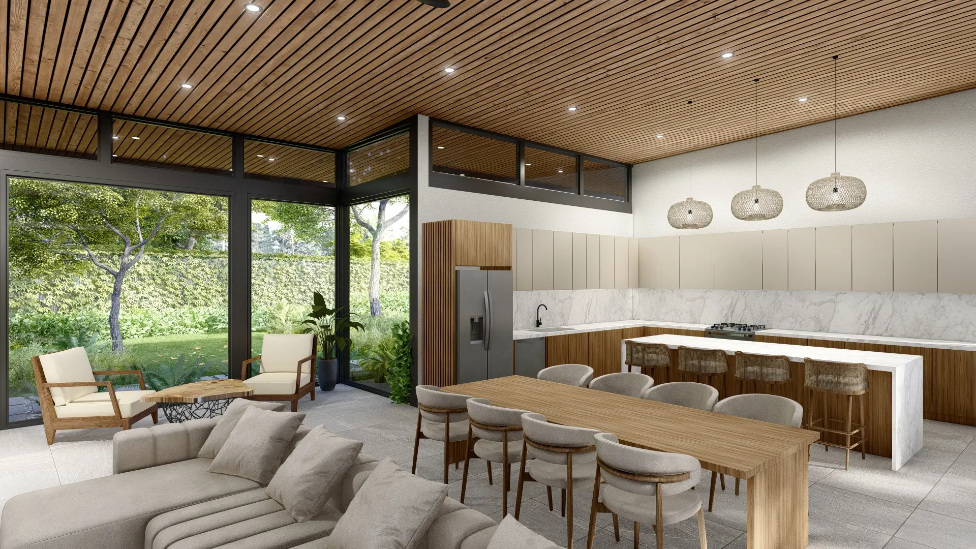 3D rendering of the interior of the social area of ​​House CM, featuring a contemporary design featuring a wooden ceiling, floor-to-ceiling windows, and an open layout integrating the living, dining, and kitchen areas. The warm, natural finishes provide comfort, elegance, and a visual connection to the outdoor garden.