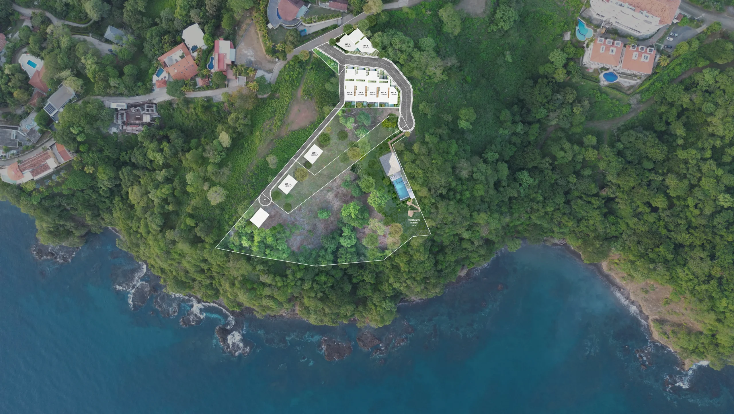 Master plan layout of the location of the 10 houses that make up the residential area and community areas.