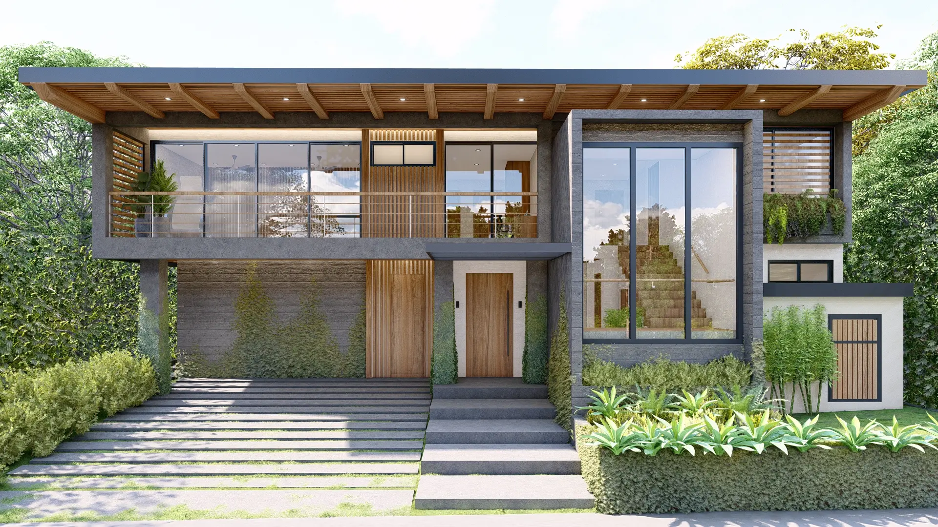 Rendering of the front facade of the two-story Palm Beach 60 house, featuring concrete and wood details and large windows that blend the design with nature.