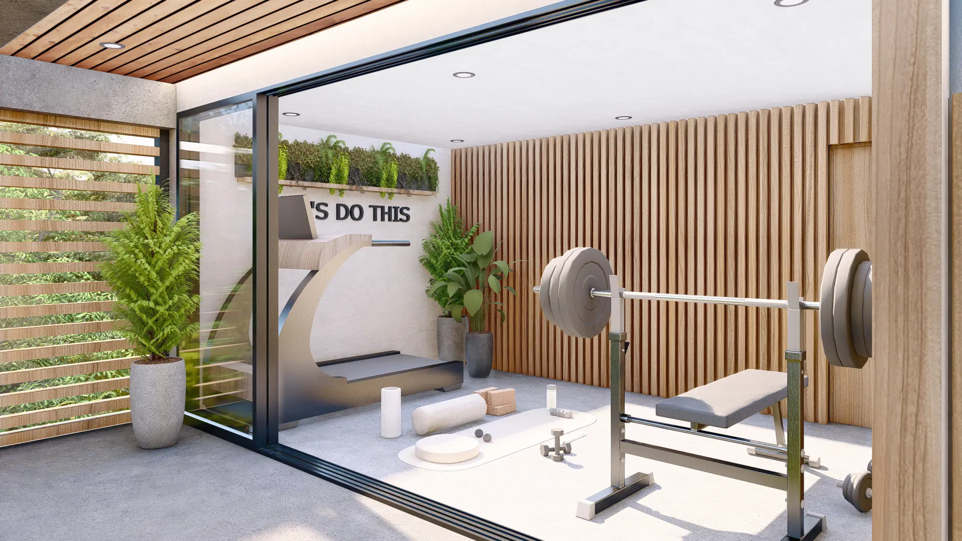 3D rendering of the private gym at Palm Beach 60 in Playa Grande, featuring a minimalist wood design, natural light, a treadmill, weight bench, and a yoga or stretching area.