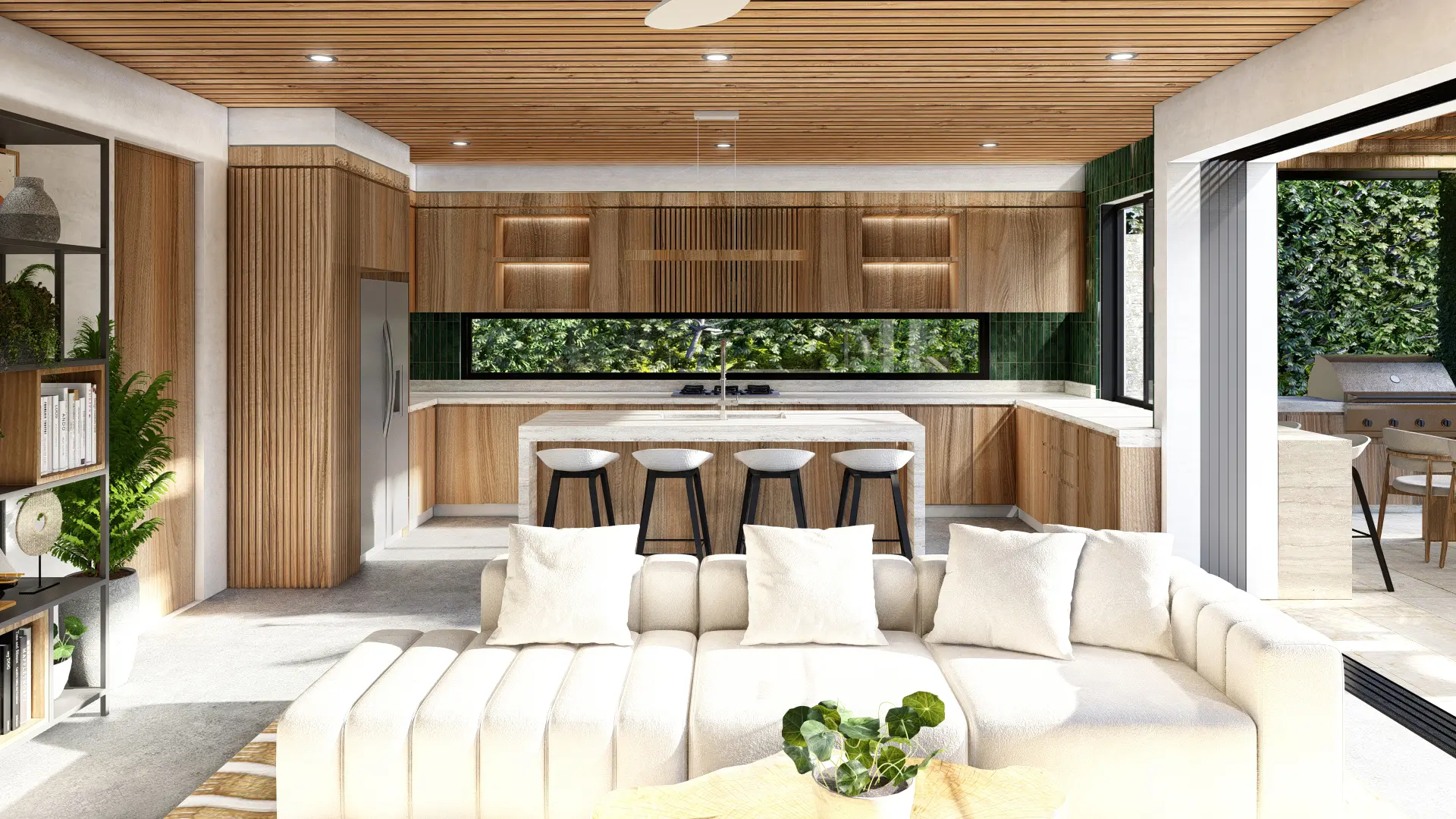 Rendering of the modern kitchen of the Palm Beach 60 house in Playa Grande, featuring natural wood finishes, a center island with a bar, high-end appliances, and large windows with views of nature.
