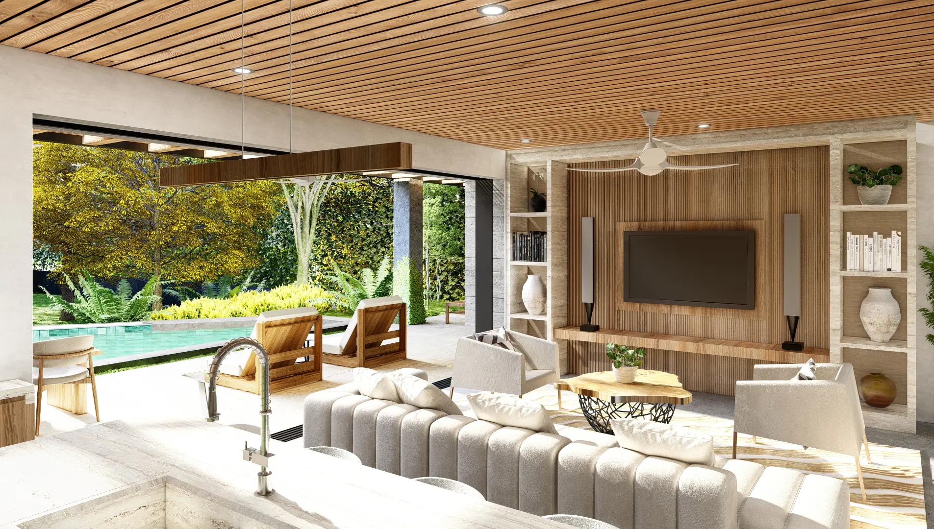 3D rendering of the modern living room of the Palm Beach 60 home, featuring natural wood and stone finishes, white armchairs, and a sliding door overlooking the pool.