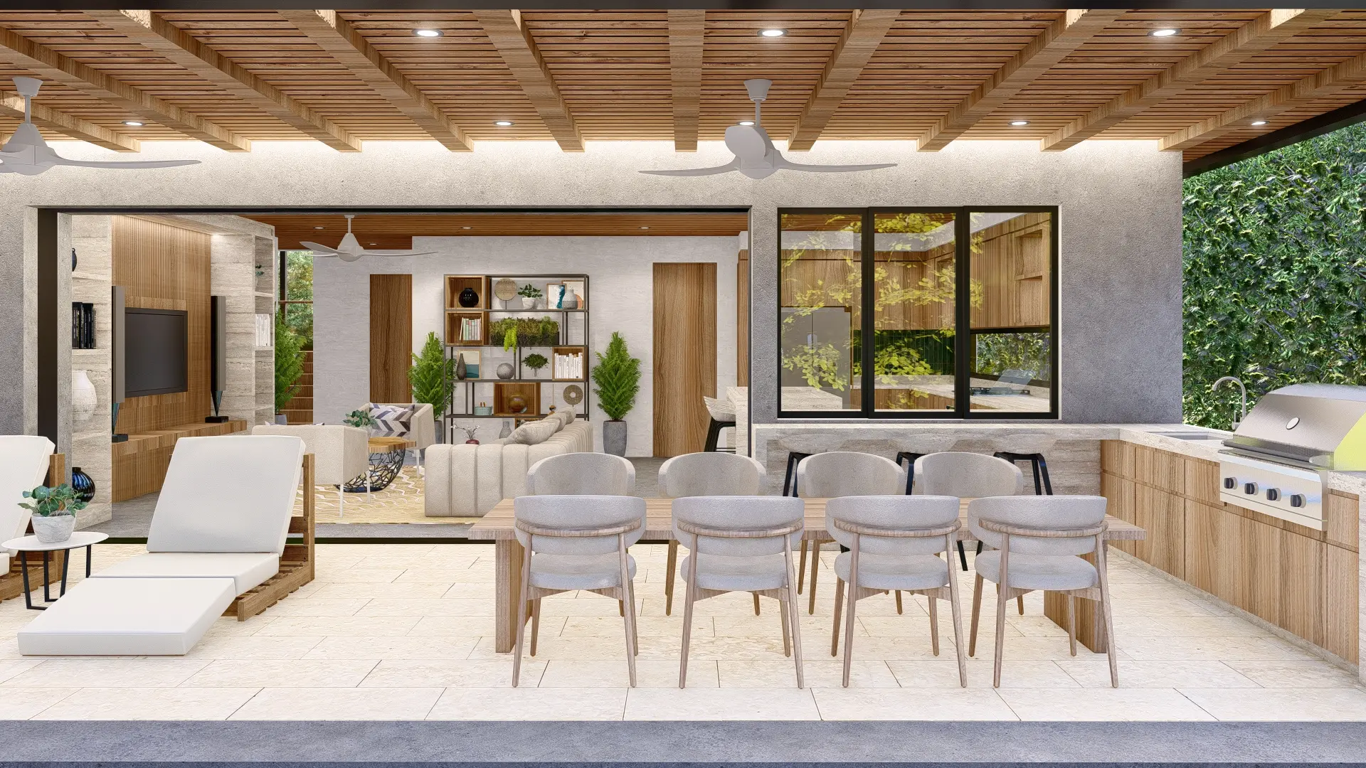 Rendering of the terrace with a barbecue area, a spacious dining room for 8 people, and a sliding door connecting it to the living room.