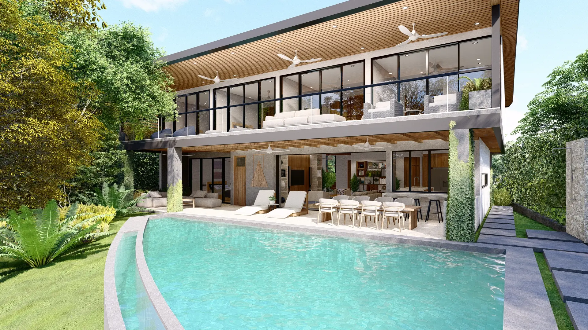 3D rendering of the exterior view of the Palm Beach 60 house in Playa Grande, Guanacaste, with a modern two-story design, a large terrace, an pool, outdoor furniture, and surrounded by lush tropical vegetation.