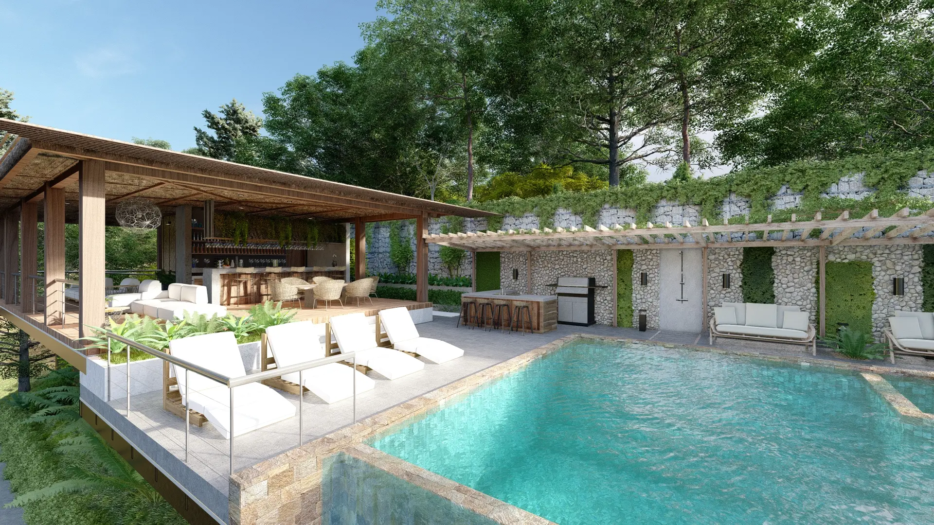 Renderizado general del área del bar, el área de barbacoa y la piscina de la Casa Club rodeada de vegetación.