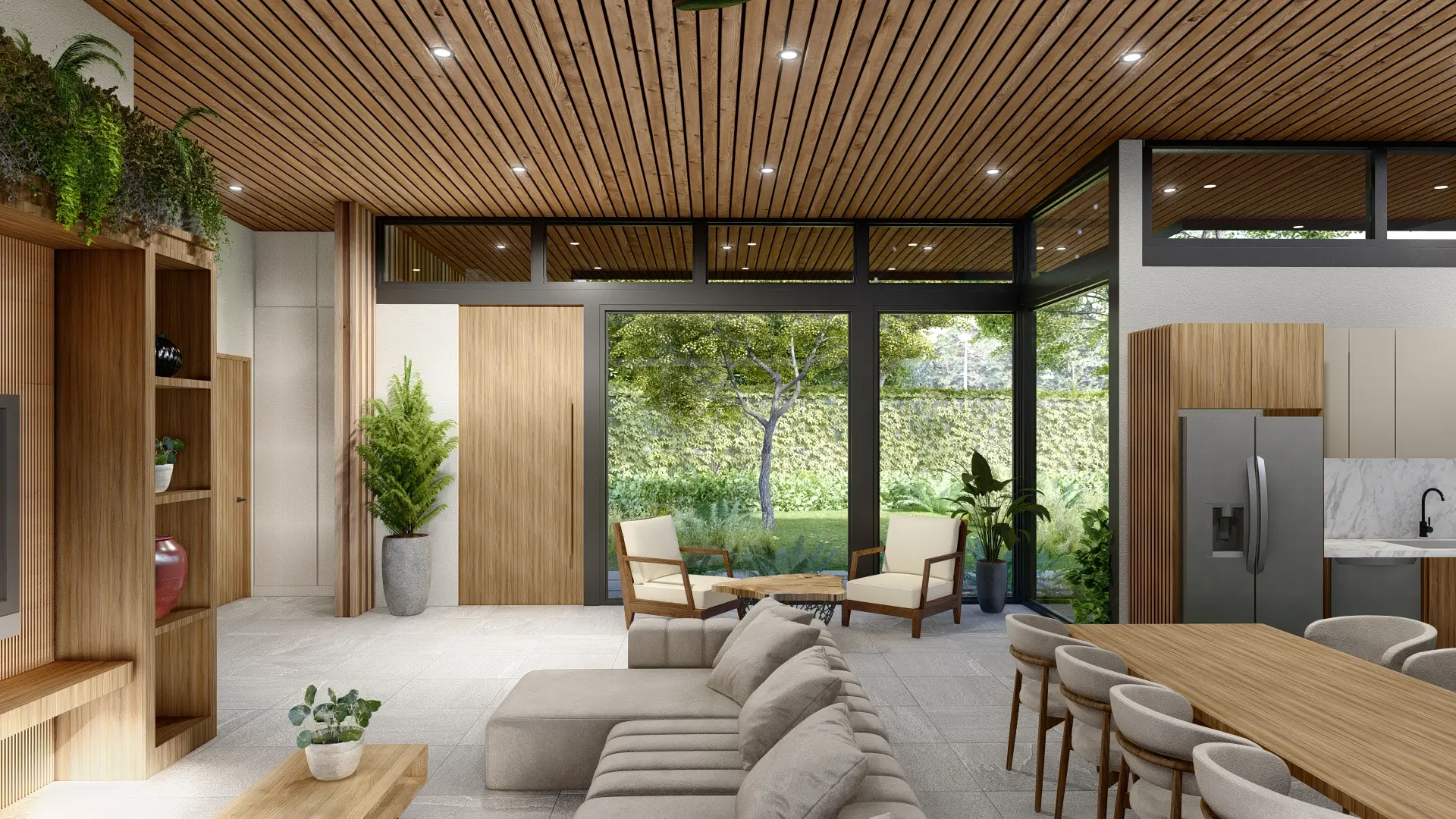 Renderizado del interior del área social de la Casa CM, con un diseño contemporáneo que destaca por el techo de madera, ventanales de piso a techo y una distribución abierta que integra sala, comedor y cocina. Los acabados cálidos y naturales brindan confort, elegancia y una conexión visual con el jardín exterior.