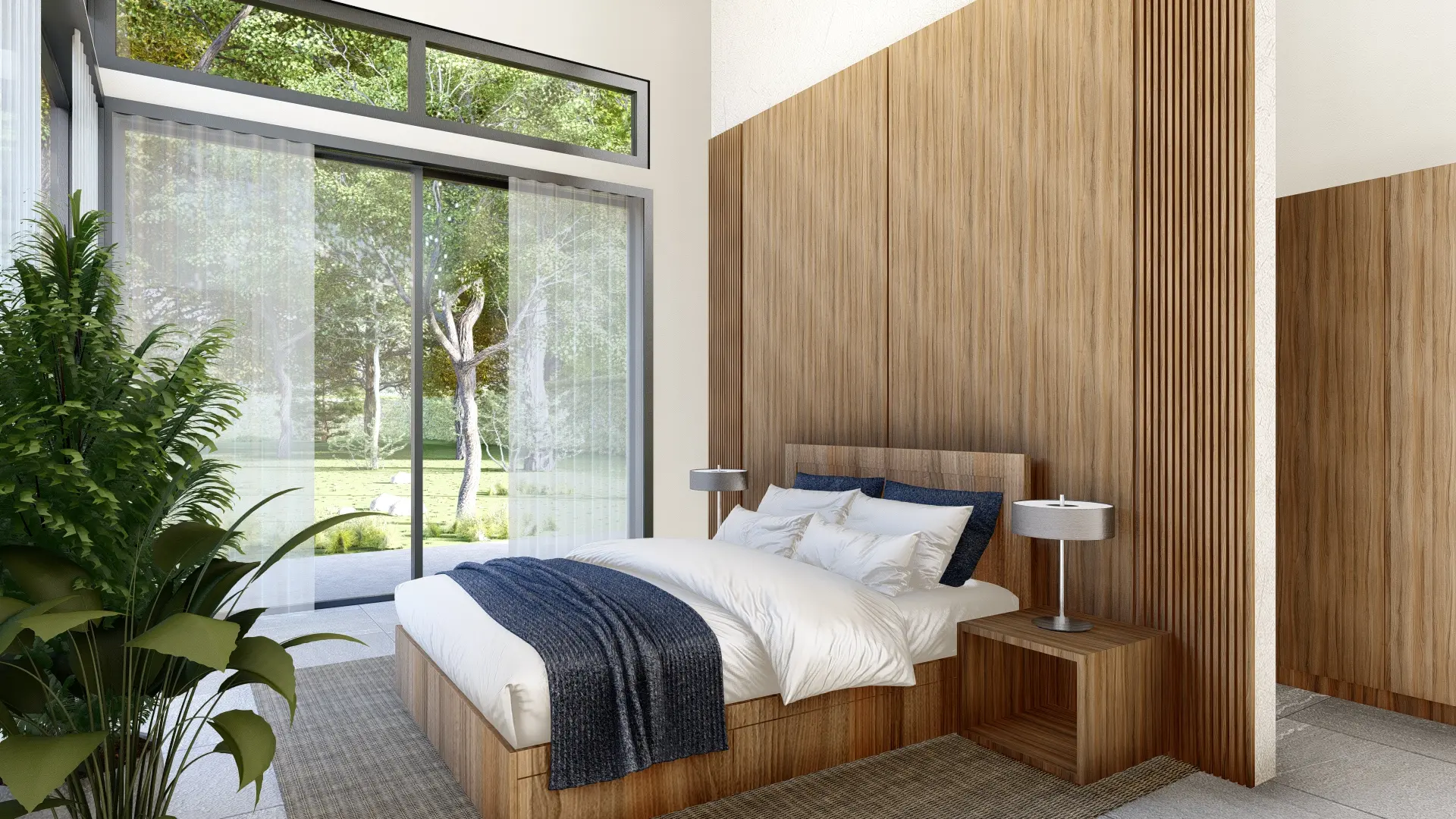 Renderizado del dormitorio de la Casa CM, cuenta con una cama acogedora, paredes de madera elegante y ventanales que invitan a la naturaleza, es el espacio perfecto para descansar.