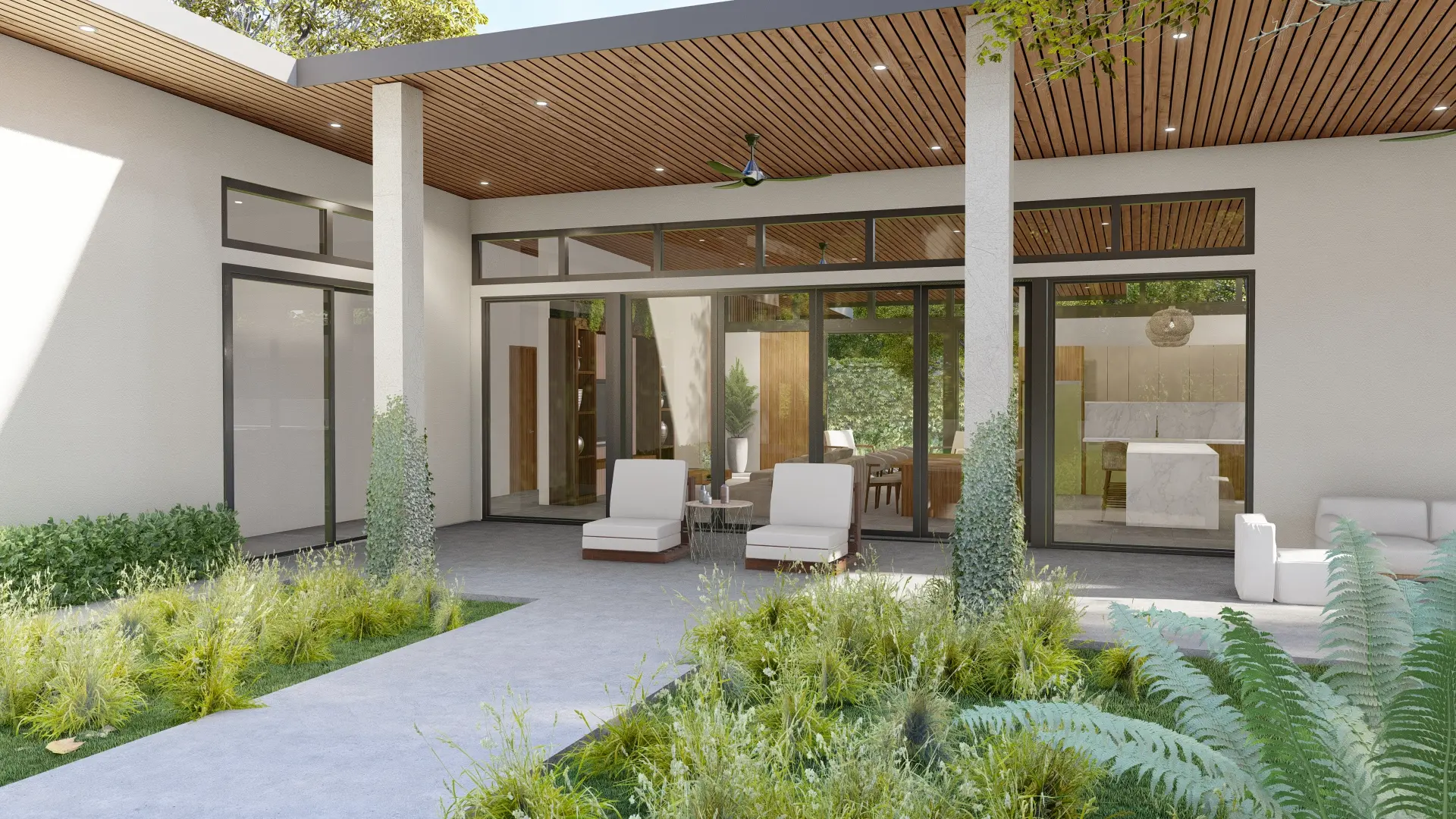 Representación 3D de la terraza de Casa CM, con sofás cómodos, mesa de comedor espaciosa y vistas al jardín, este espacio es ideal para reuniones familiares.