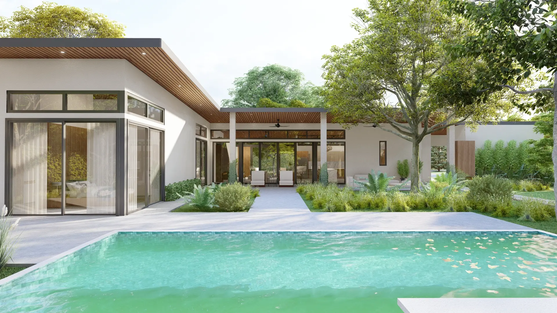 Representación 3D del exterior de la Casa CM, con una terraza cubierta y una alberca que se convierte en el corazón del espacio social al aire libre. El diseño paisajístico y las líneas limpias de la arquitectura permiten una convivencia armónica entre interior y naturaleza.