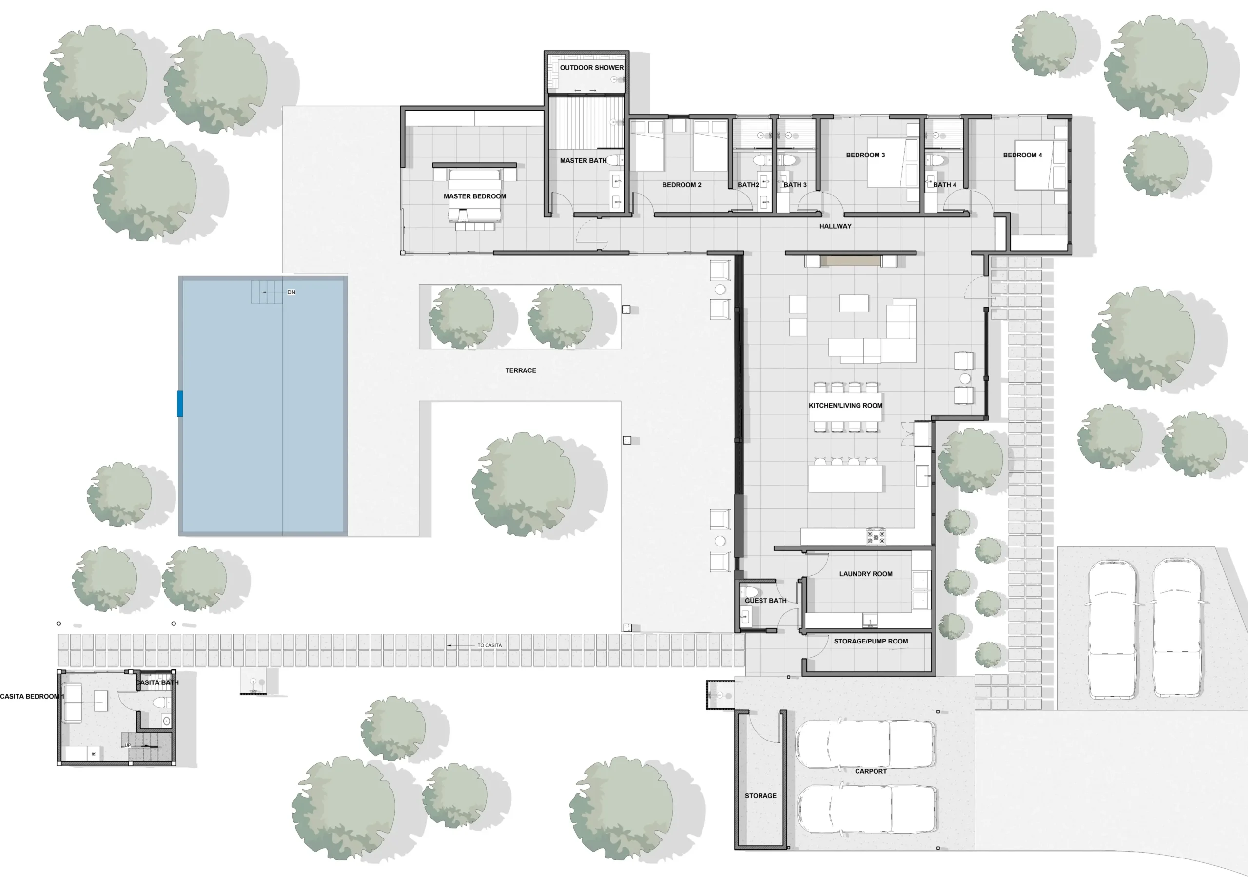Plano arquitectónico detallado de la Casa CM, donde se aprecia la distribución funcional en un solo nivel: cuatro recámaras, área social abierta con cocina y sala integradas, amplia terraza, alberca y una casita independiente para visitas, todo rodeado por vegetación.