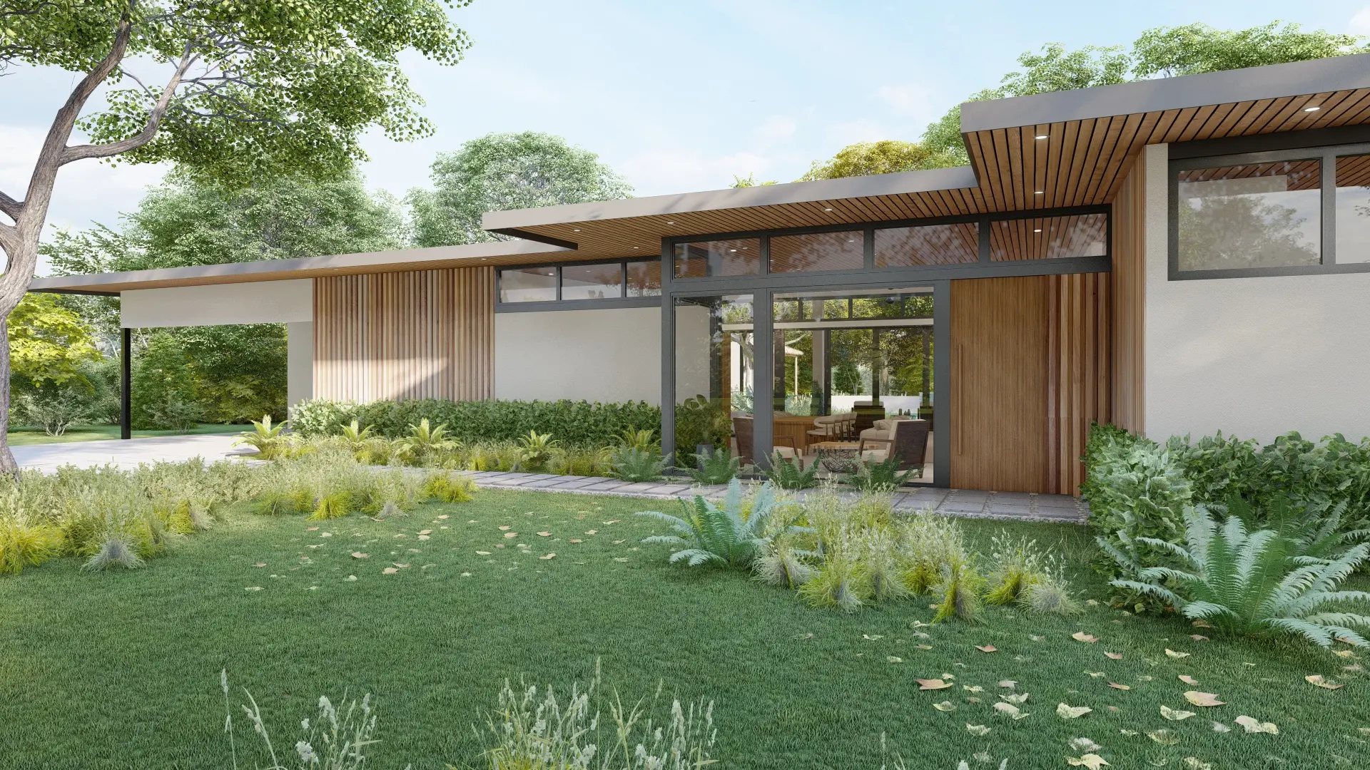 Renderizado de la fachada frontal de Casa CM, este diseño moderno combina madera y vidrio, rodeado de un jardín exuberante que fusiona el interior con el exterior.