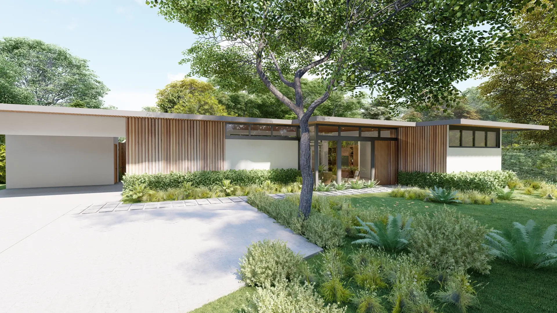 Renderizado de la la fachada frontal de Casa CM, con líneas limpias, techo de madera y un jardín bien integrado, destaca por su armonía con la naturaleza.