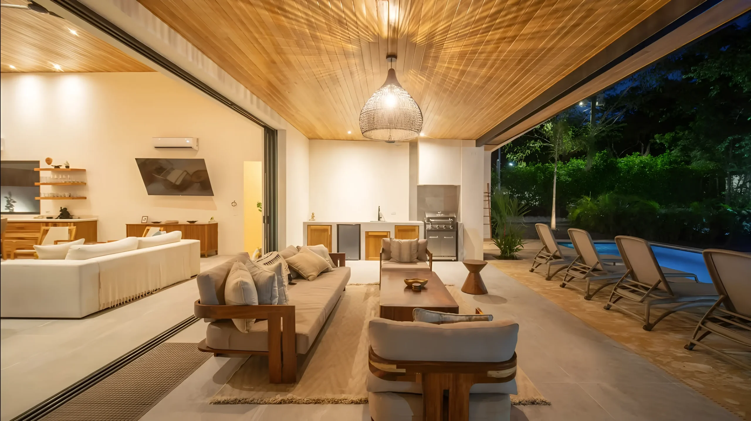 Renderizado de la la fachada frontal de Casa CM, con líneas limpias, techo de madera y un jardín bien integrado, destaca por su armonía con la naturaleza.