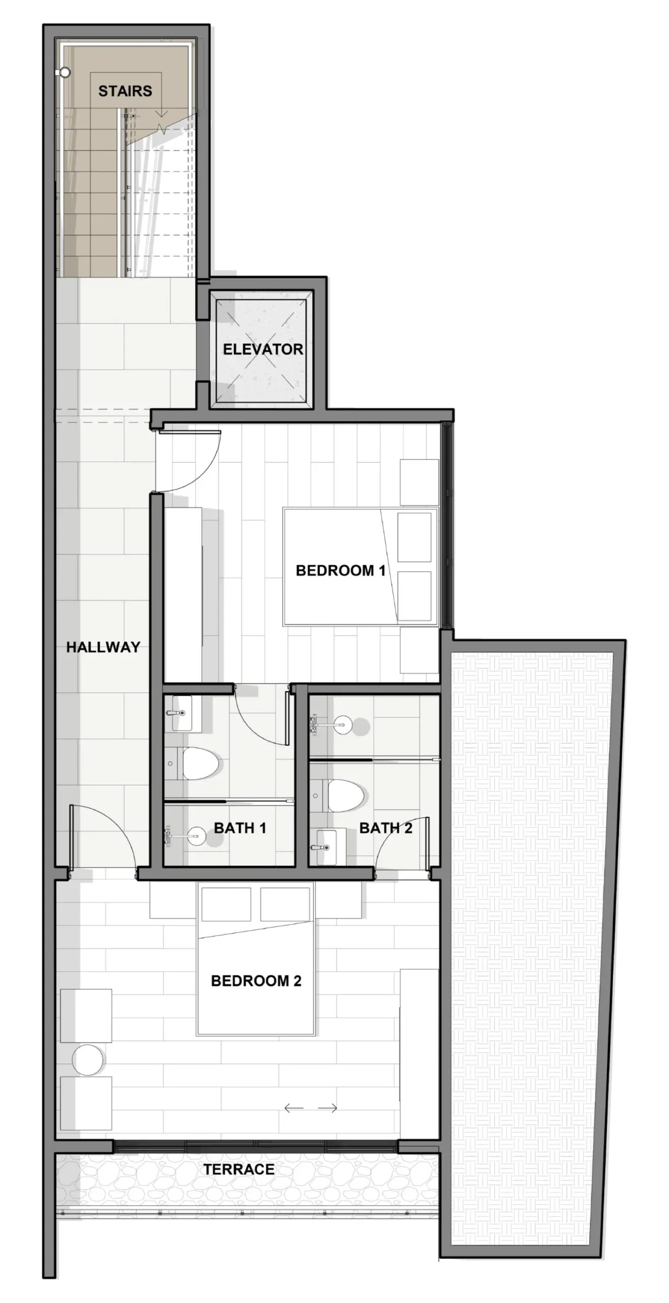 Architectural plan of the ground floor of the Valle Azul Corner House. It shows two bedrooms, each with a full bathroom, a central hallway, elevator and stair access, and a private terrace adjacent to the master bedroom.