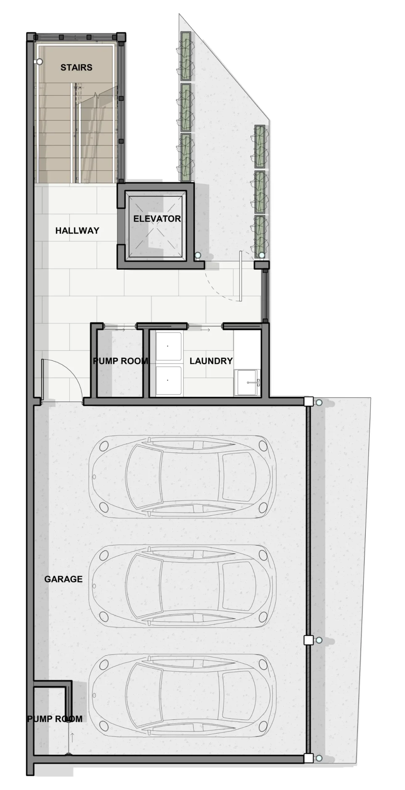 Architectural plan of the first floor of the Corner House, including the three-car garage, laundry room, pump room, and main access via stairs or elevator.