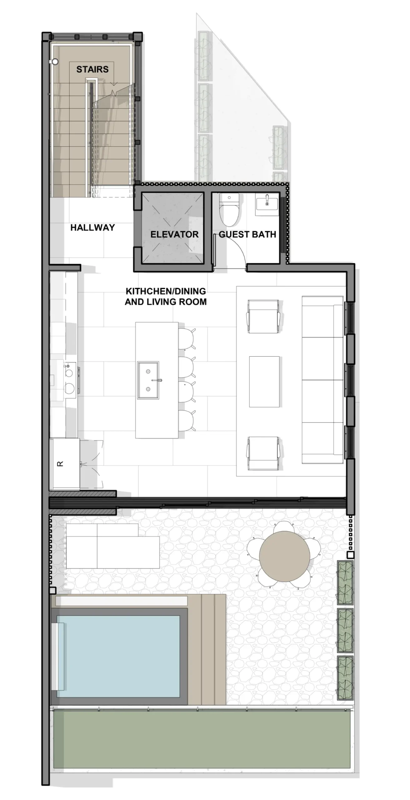 Architectural plan of the second floor of the Corner House. This level features a spacious open-plan kitchen/dining room and living room, along with a hallway that connects to an elevator and a guest bathroom. The outdoor area features a pool and a cozy patio with a table.