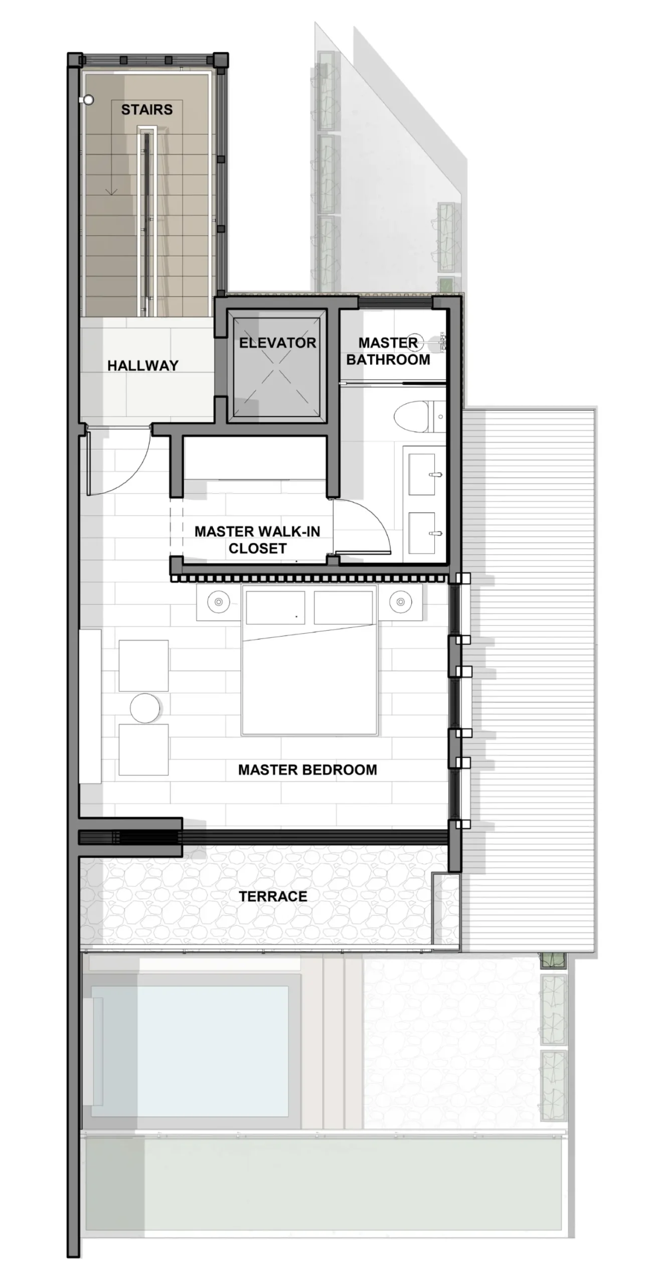 Architectural plan of the upper floor of the Corner House. This level houses a master bedroom with a walk-in closet and a master bathroom. The adjacent terrace offers a serene space with ocean views, complemented by the pool.