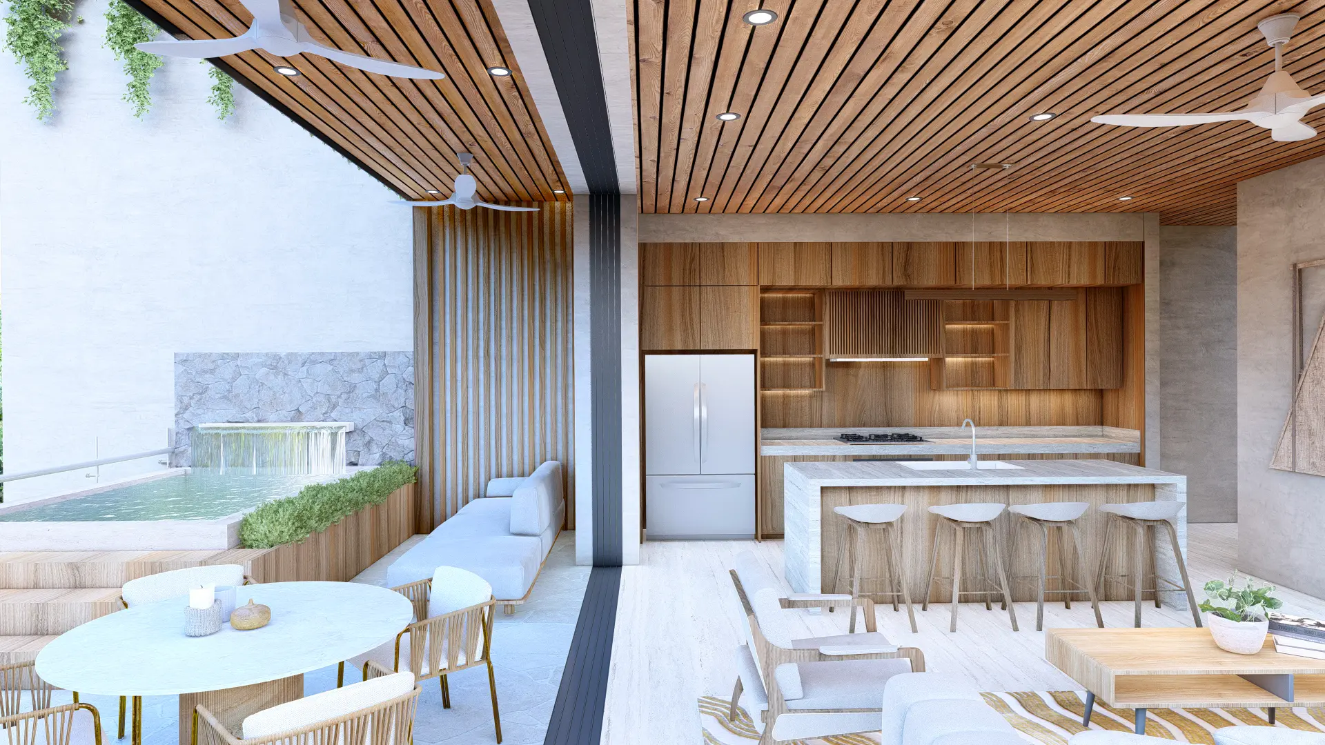 Rendering of the kitchen and living room of Corner House, which seamlessly connects to an outdoor terrace. Natural wood finishes, light marble, and modern furnishings complement a reflecting pool and hanging greenery accents.