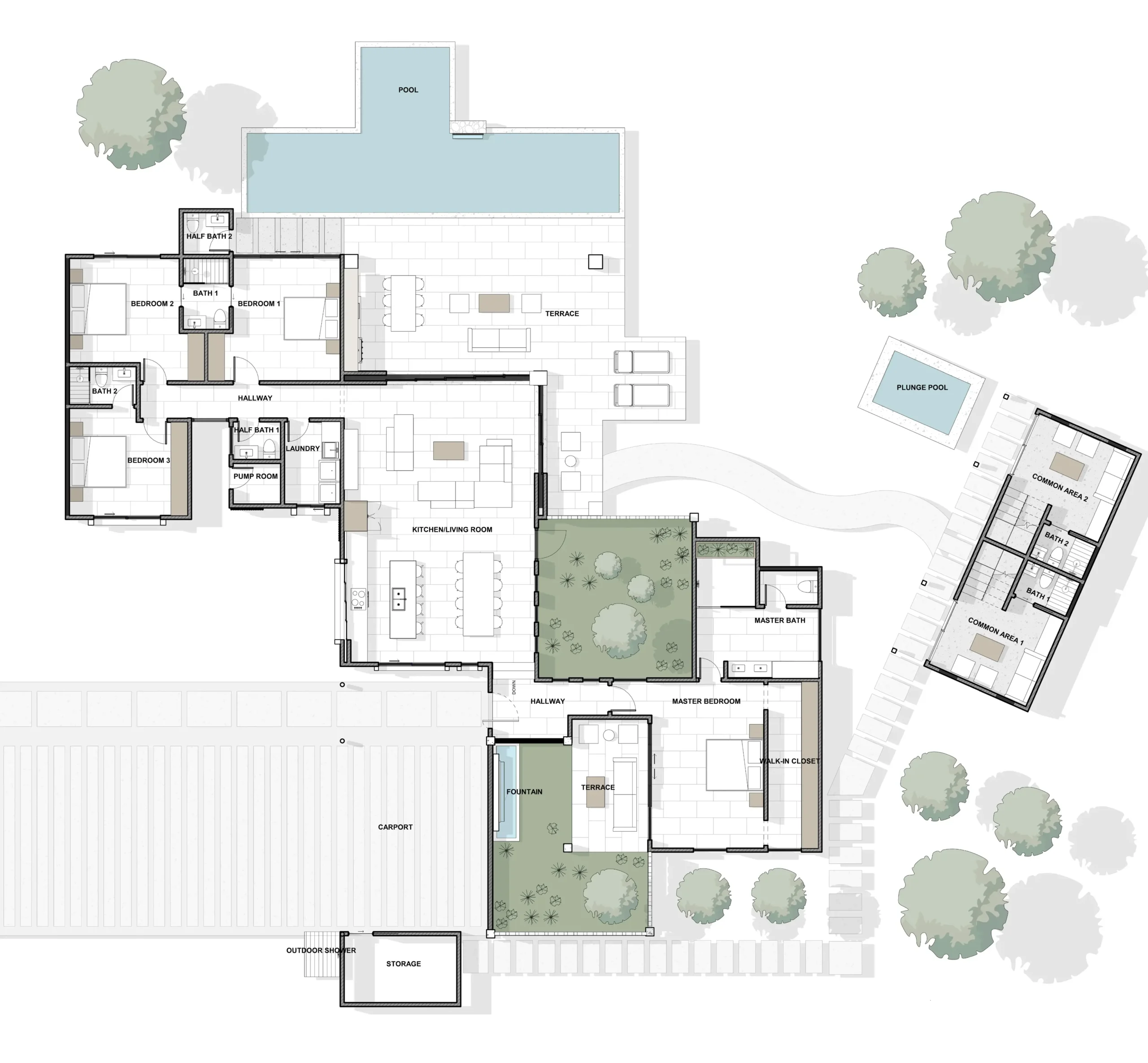 Architectural plan of House Corona, showing the functional layout on a single level with four bedrooms with their respective bathrooms, an open-plan kitchen and living room, a large terrace, a pool, and a separate guest house, all surrounded by greenery.