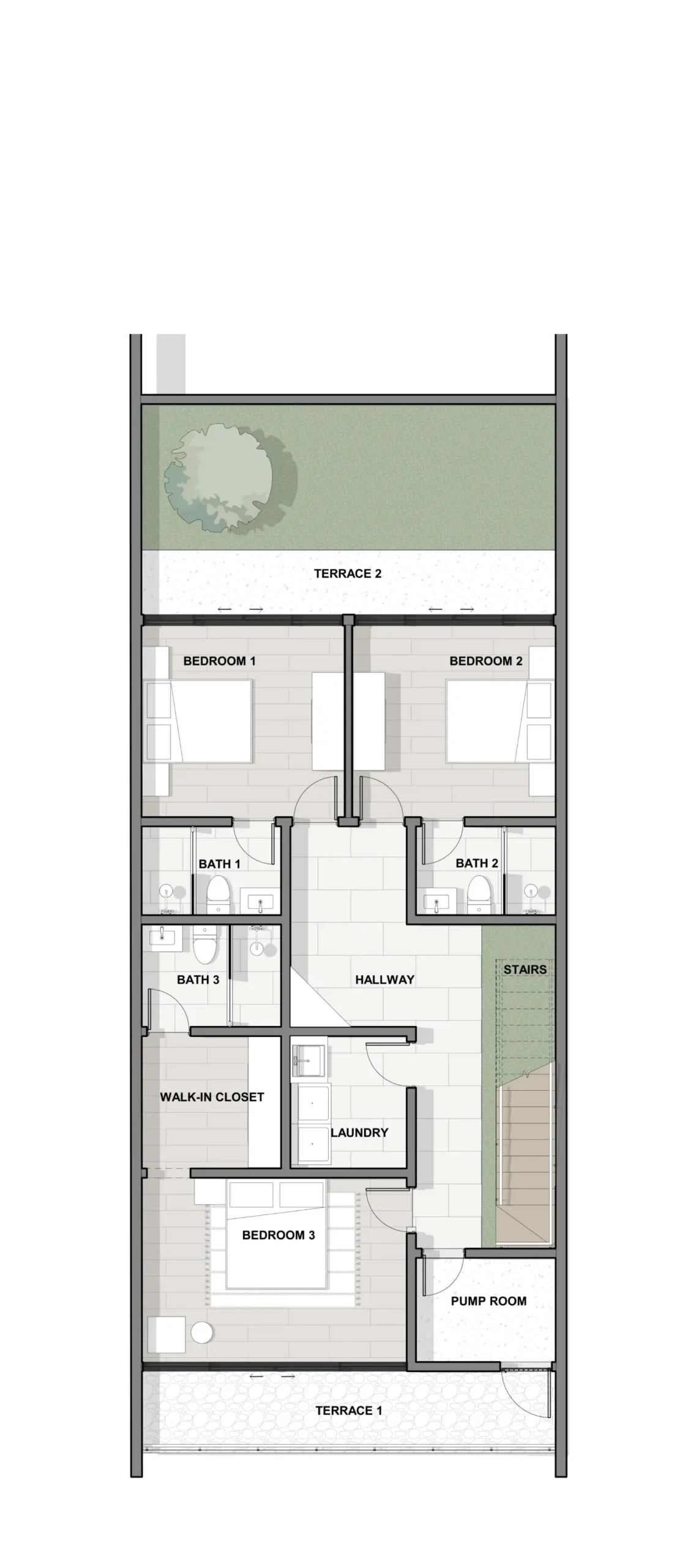 Architectural plan of the level -1 of the Model House, showing 3 bedrooms and bathrooms, along with two terrace.
