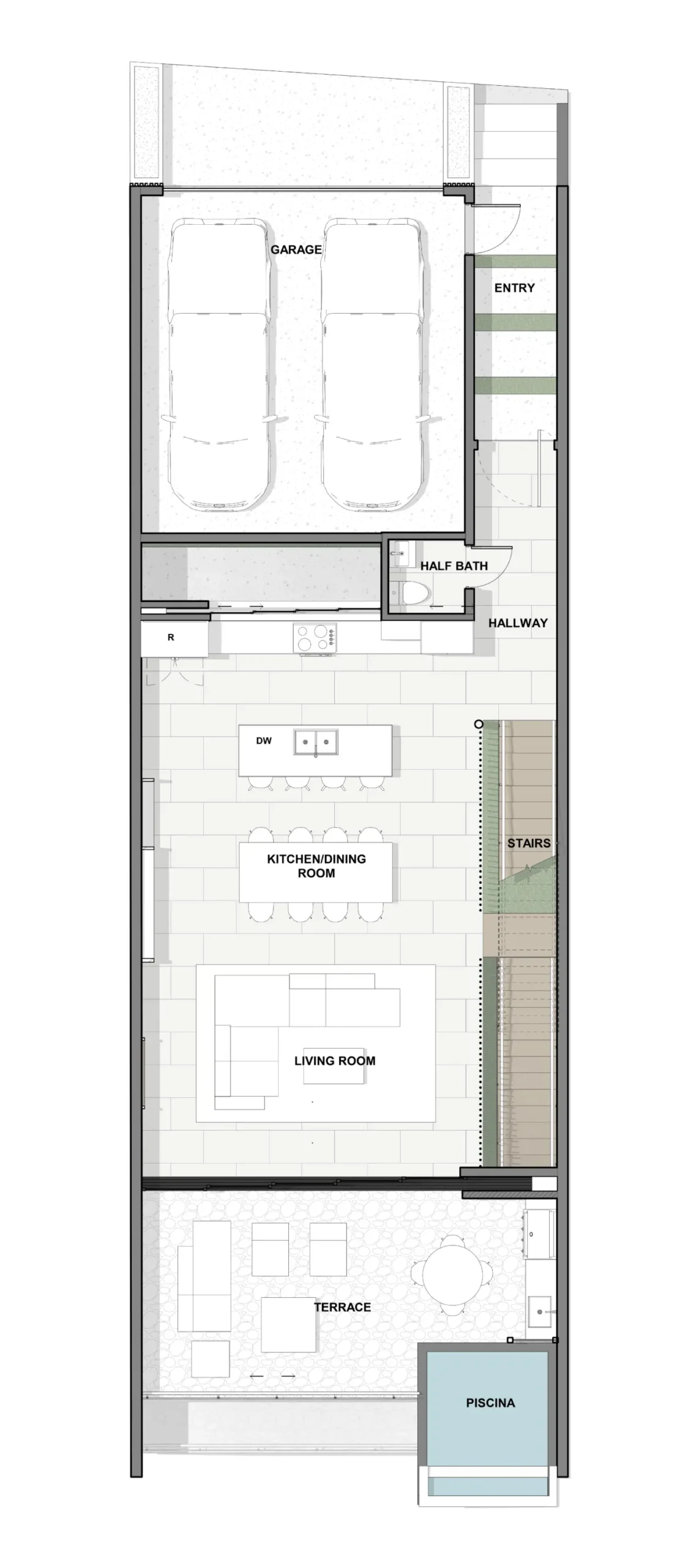 Architectural plan of the road level of the Model House, including a living room, a terrace with a pool, and a garage.