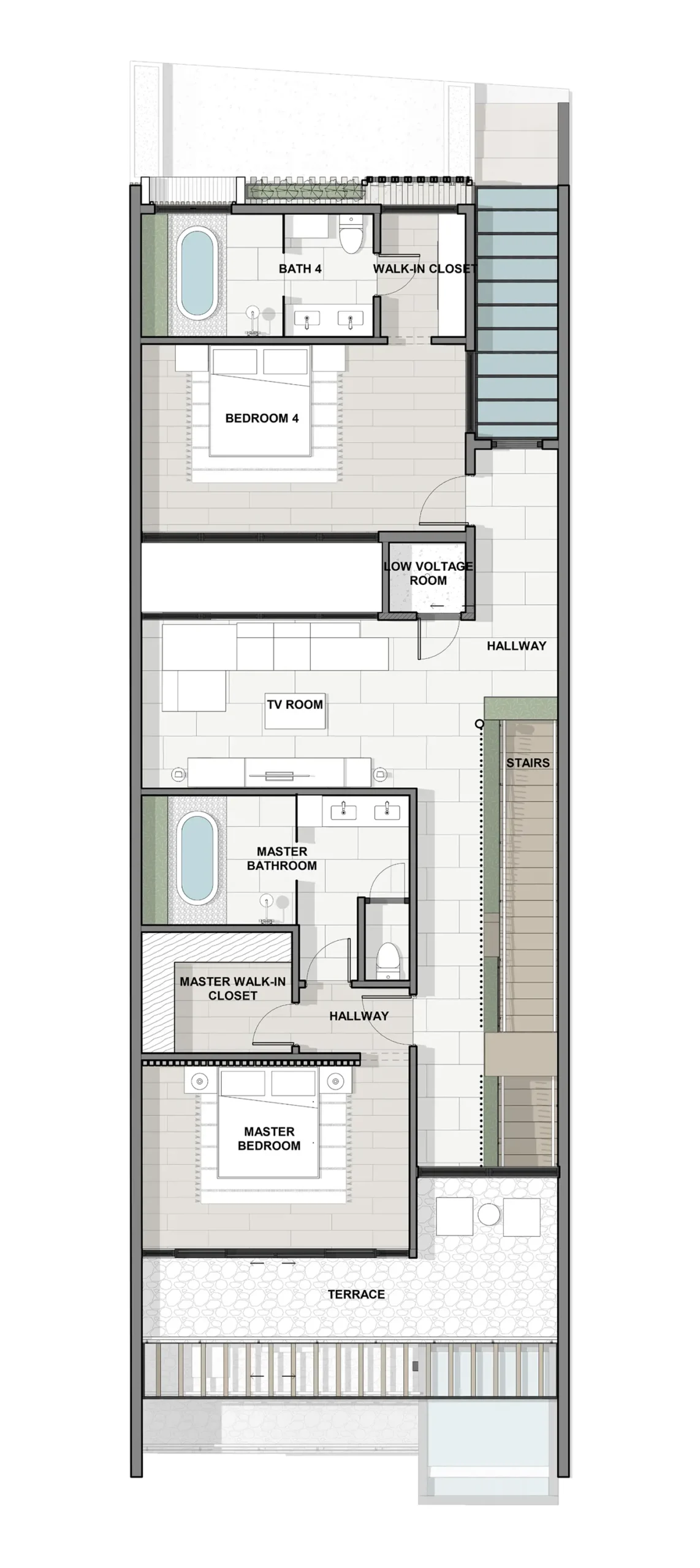Architectural plan of the second floor of the Model House, with 2 bedrooms with bathroom and a terrace.