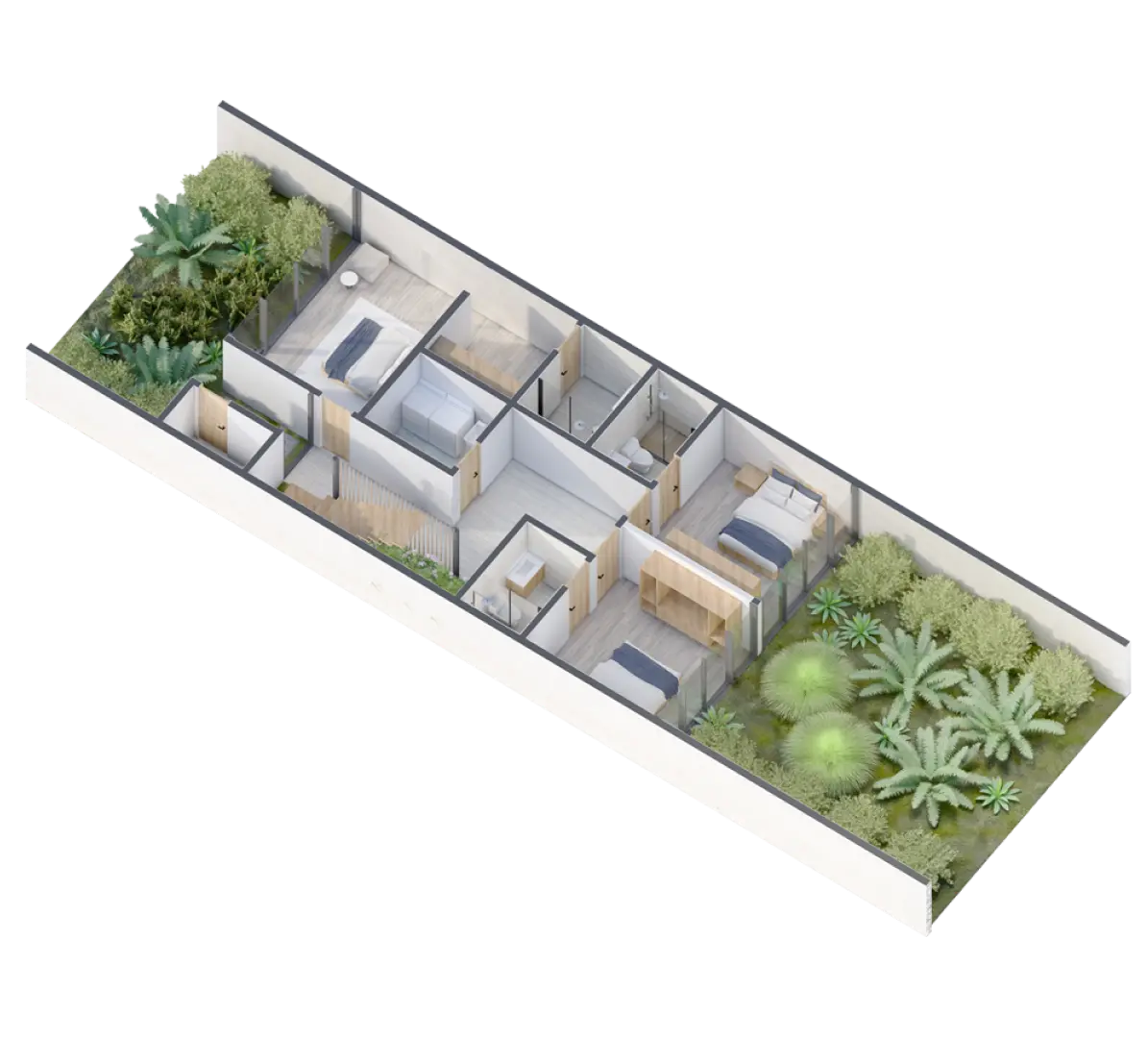 3D isometric view of a Model Home, showing 3 bedrooms and bathrooms, along with two terraces.