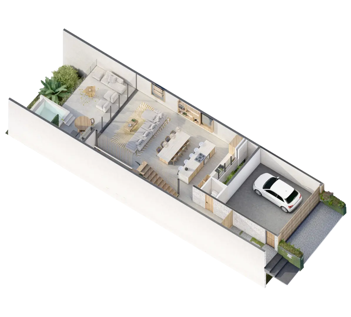 3D isometric view of model house, including a living room, a terrace with a pool, and a garage.