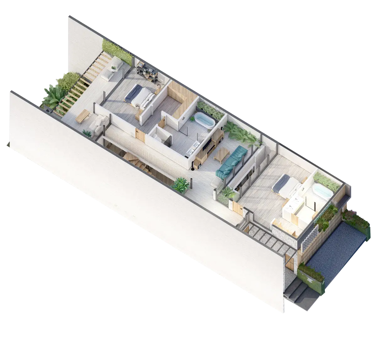 3D isometric view of a Model House, with 2 bedrooms with bathroom and a terrace.