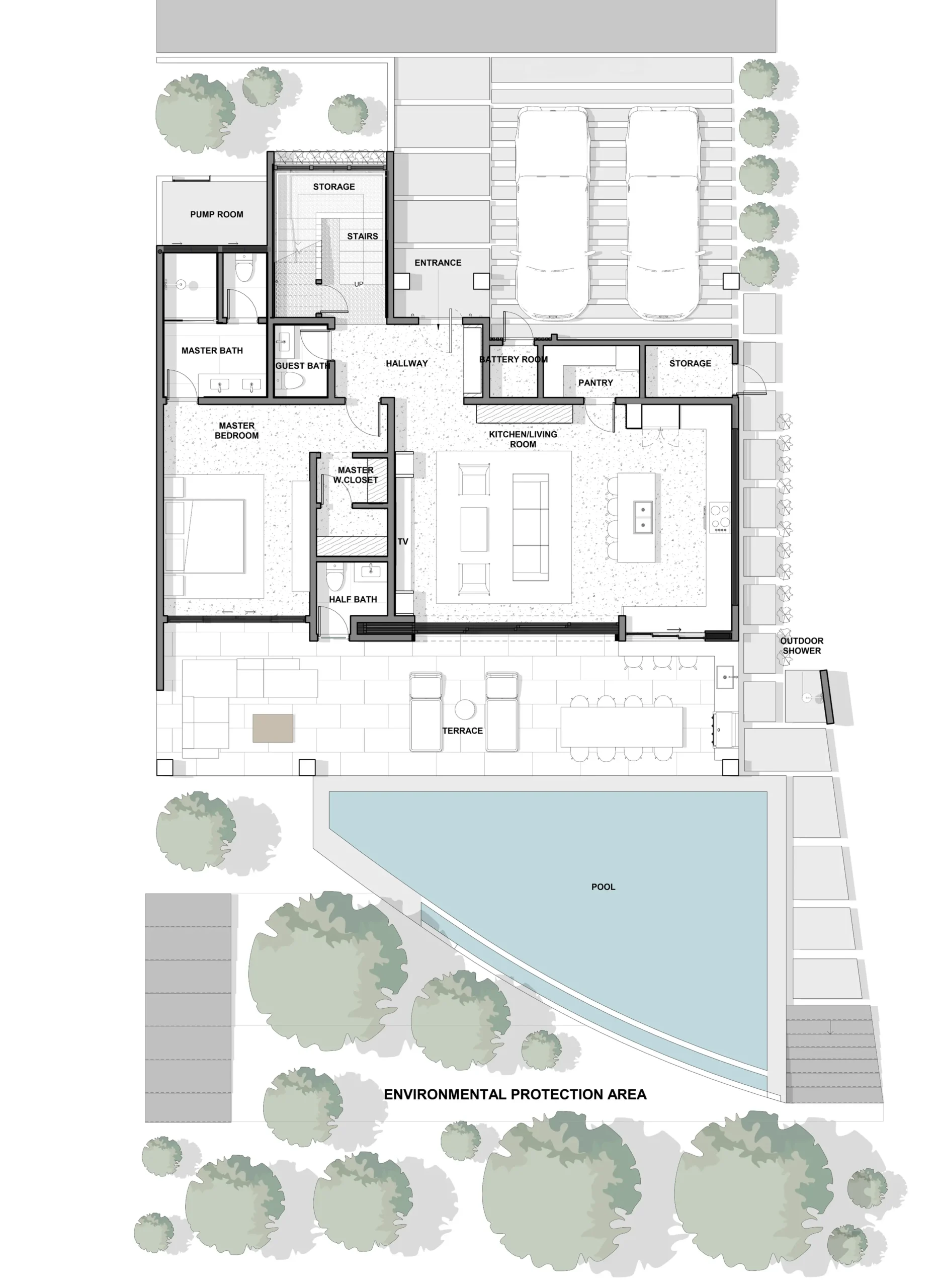 Architectural plan of the first floor of the Palm Beach 60 residence. Social areas are shown, including the living room, kitchen, terrace, pool, master bedroom with en suite bathroom, half bathroom, parking for two vehicles, and service areas such as the laundry room, pantry, and storage rooms.