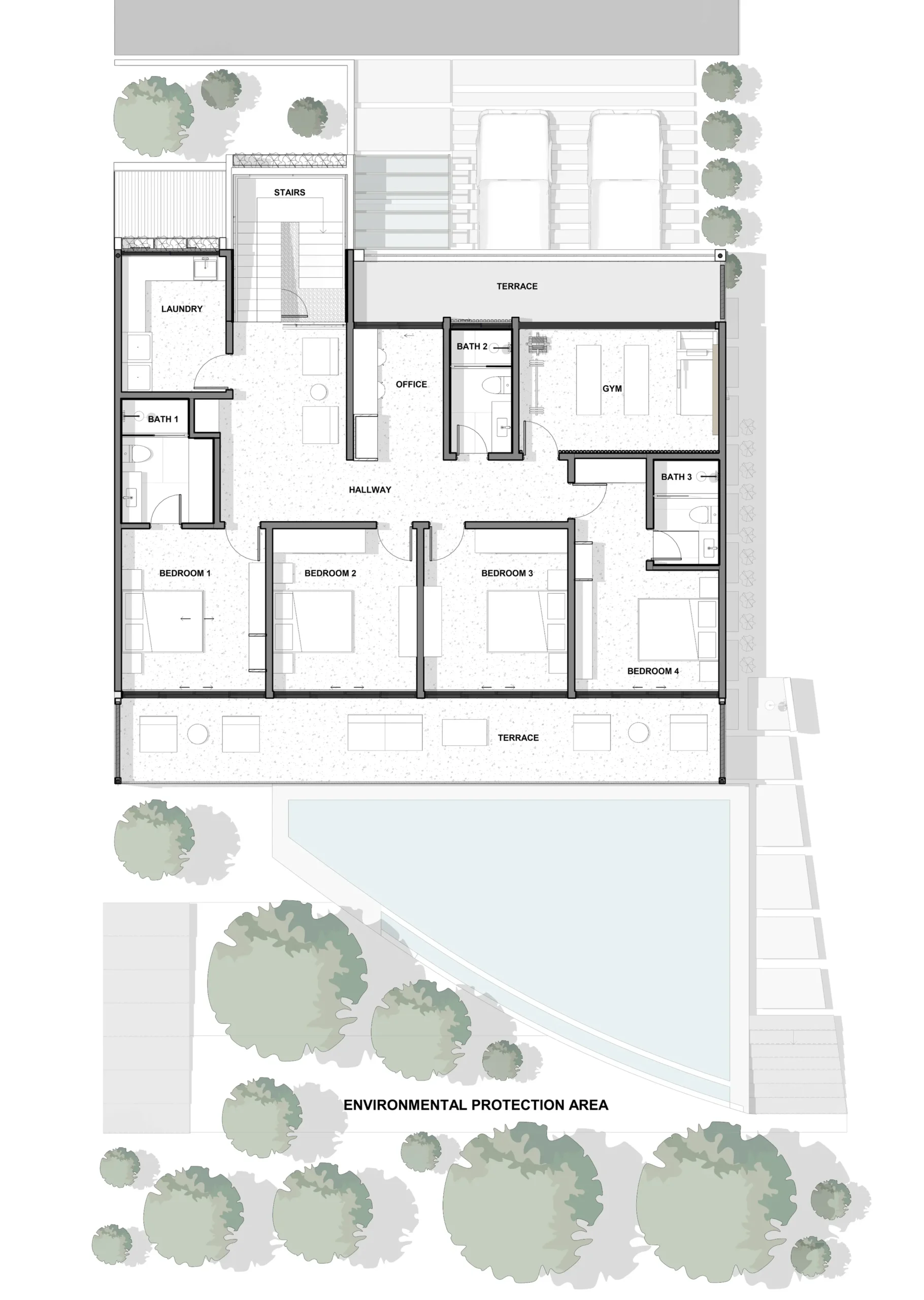 Architectural plan of the second level of the Palm Beach 60 home. It includes four secondary bedrooms, three full bathrooms, an office, a gym, a laundry room, and spacious terraces overlooking the protected area and the pool.