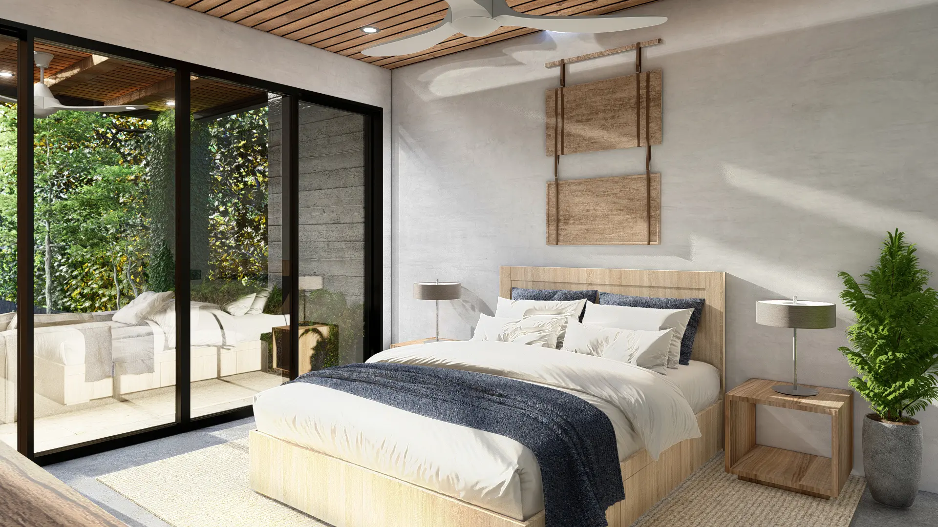 Interior rendering of the master bedroom in the Palm Beach 60 home. The space showcases a contemporary design with natural materials, wood-accented ceilings, large floor-to-ceiling windows with black frames, and access to the terrace surrounded by tropical vegetation.