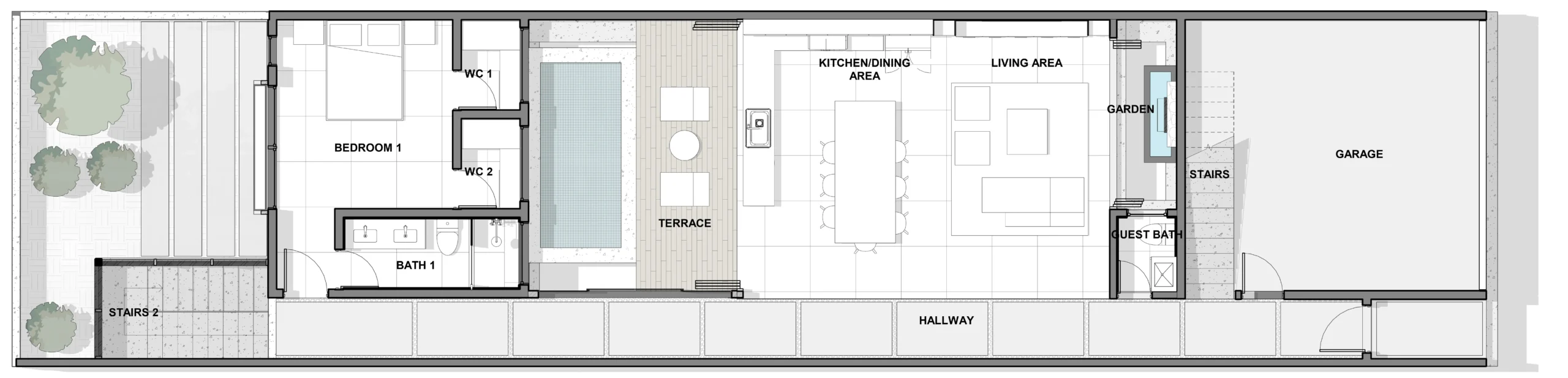 Architectural plan of the first floor of the Tamawalk project. It features a functional layout that integrates a master bedroom with a separate bathroom and restroom, a spacious terrace with a pool, an open kitchen-dining room, and a living room overlooking the garden. It also includes a guest half bathroom, stair access, and a large garage.
