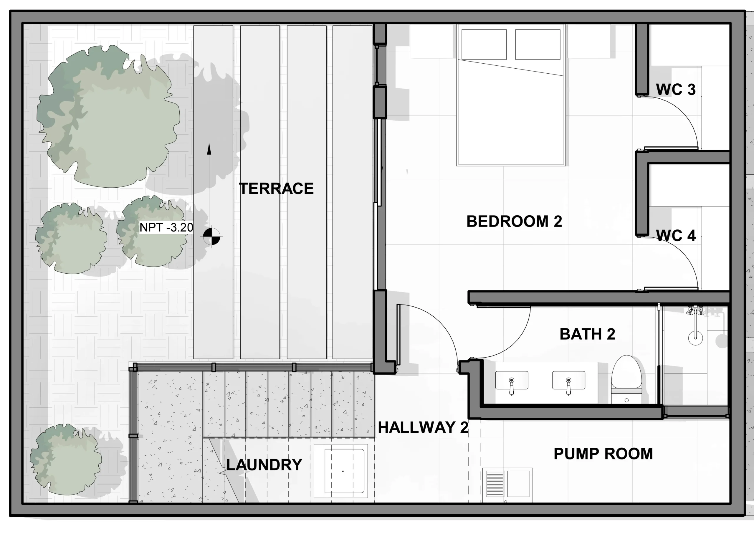 Architectural plan of the ground floor of Tamawalk. This floor houses a second bedroom with a full bathroom and separate restrooms, a generous garden terrace, a laundry area, and a machine room. Circulation is organized through a central hallway that connects the private and service areas.